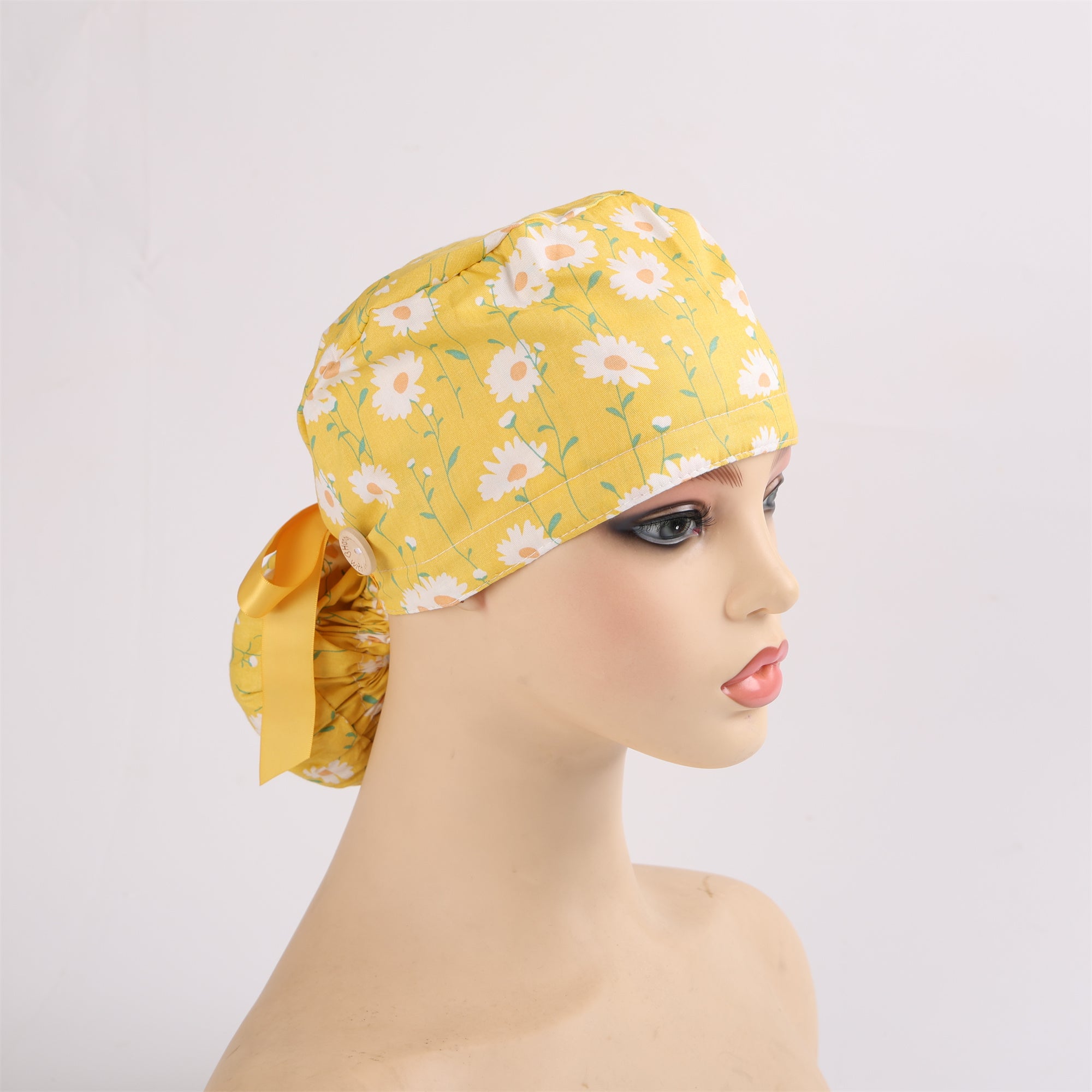 Fabric Ponytail Scrub Cap: White Flowers in Yellow Cotton