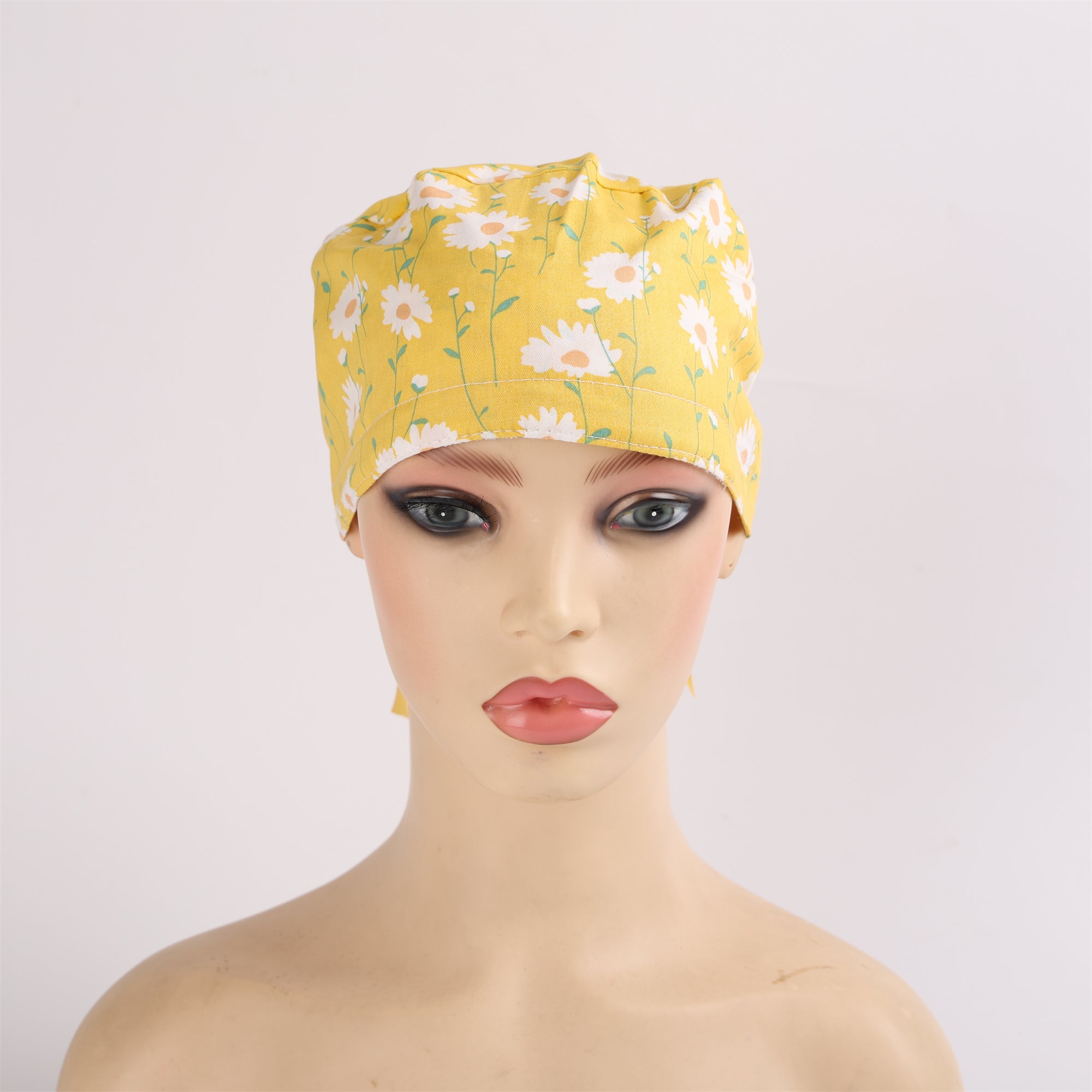 Fabric Ponytail Scrub Cap: White Flowers in Yellow Cotton