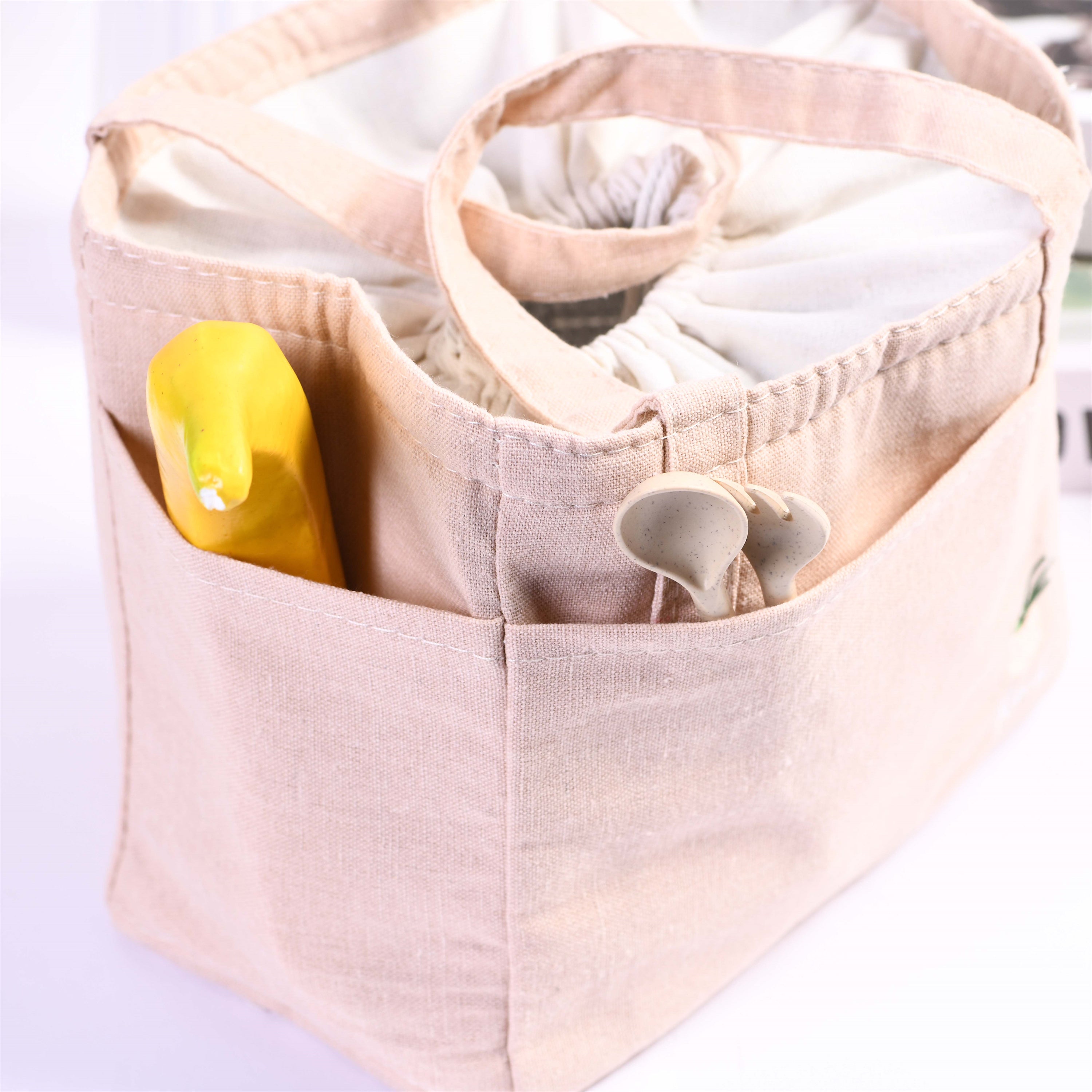 Orange/Avocado/Lemon/Peach Multi pocket Square Cotton Linen Insulated Lunch Bag, Premium Quality Drawstring Bag, Back to School