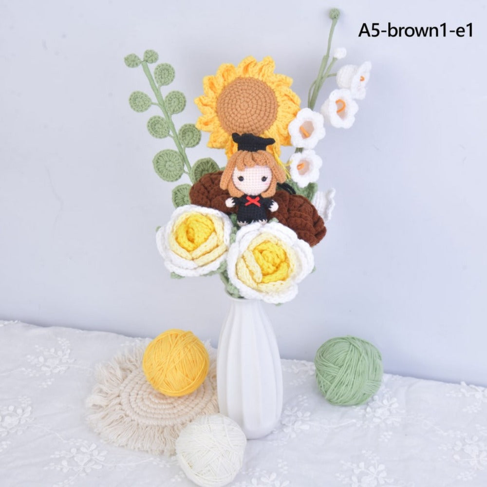 Crochet Sunflower Graduation Bouquet,Handmade Knit Roses Flower