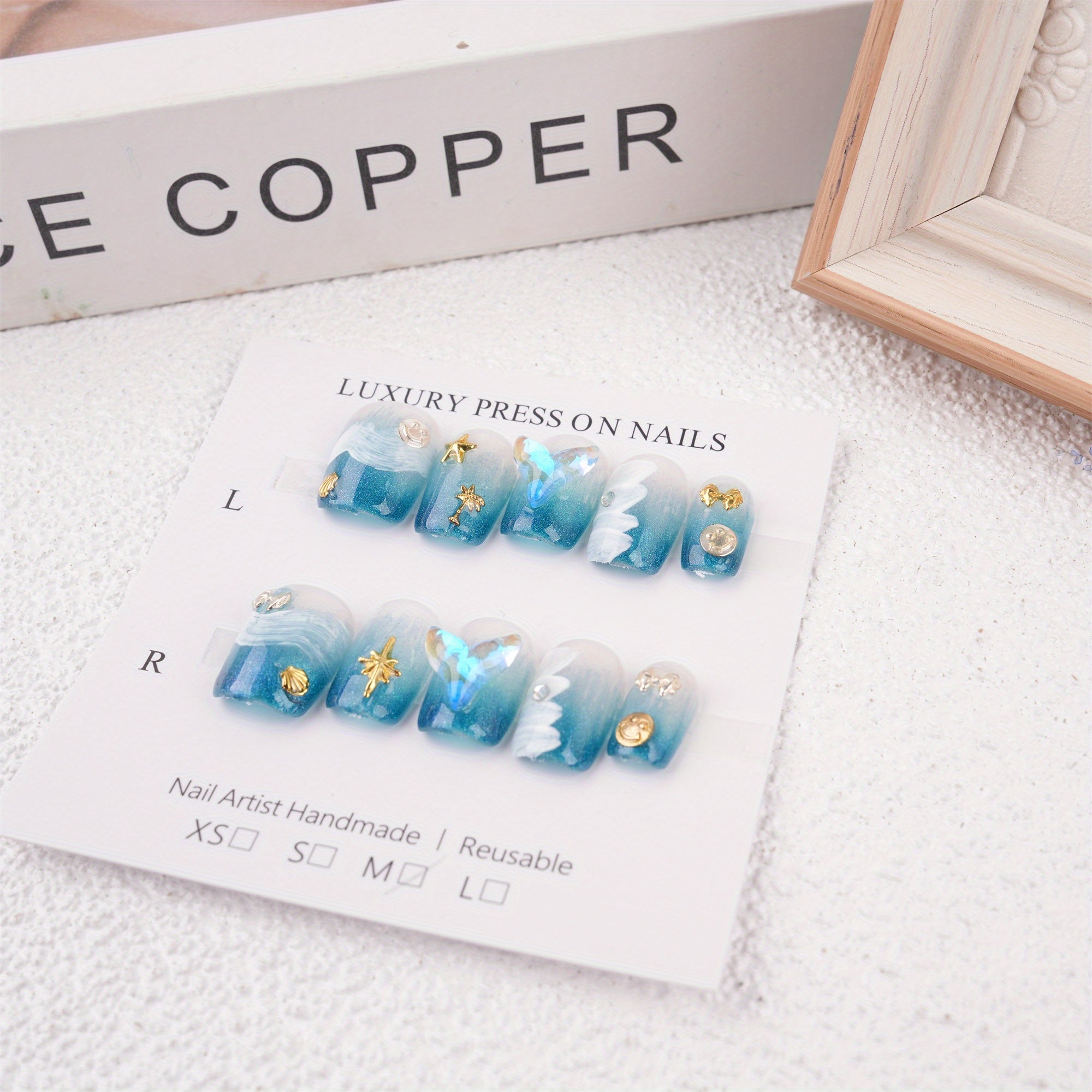Summer Ocean Style Blue Short Coffin Press on Nails, Mermaid Pearl Stars Reusable Coffin Manicure, Birthday Party Gift