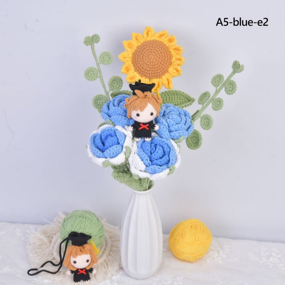 Crochet Sunflower Graduation Bouquet,Handmade Knit Roses Flower