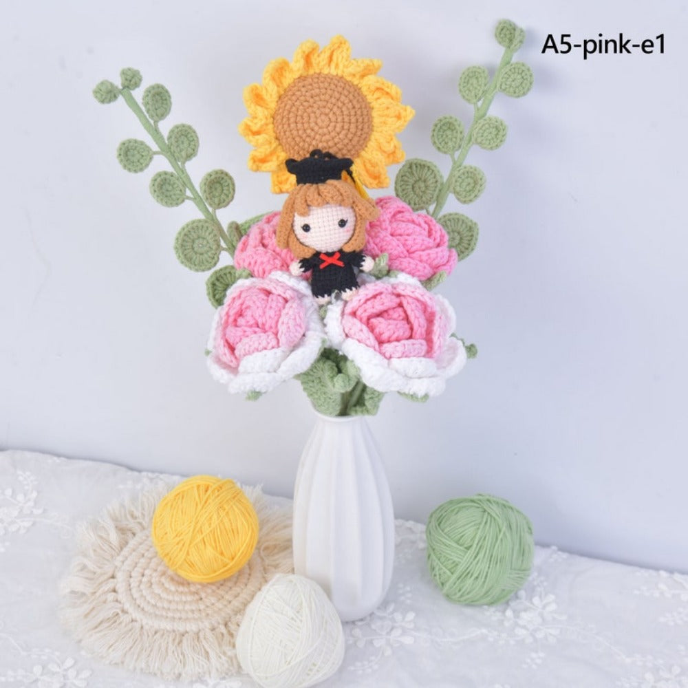 Crochet Sunflower Graduation Bouquet,Handmade Knit Roses Flower