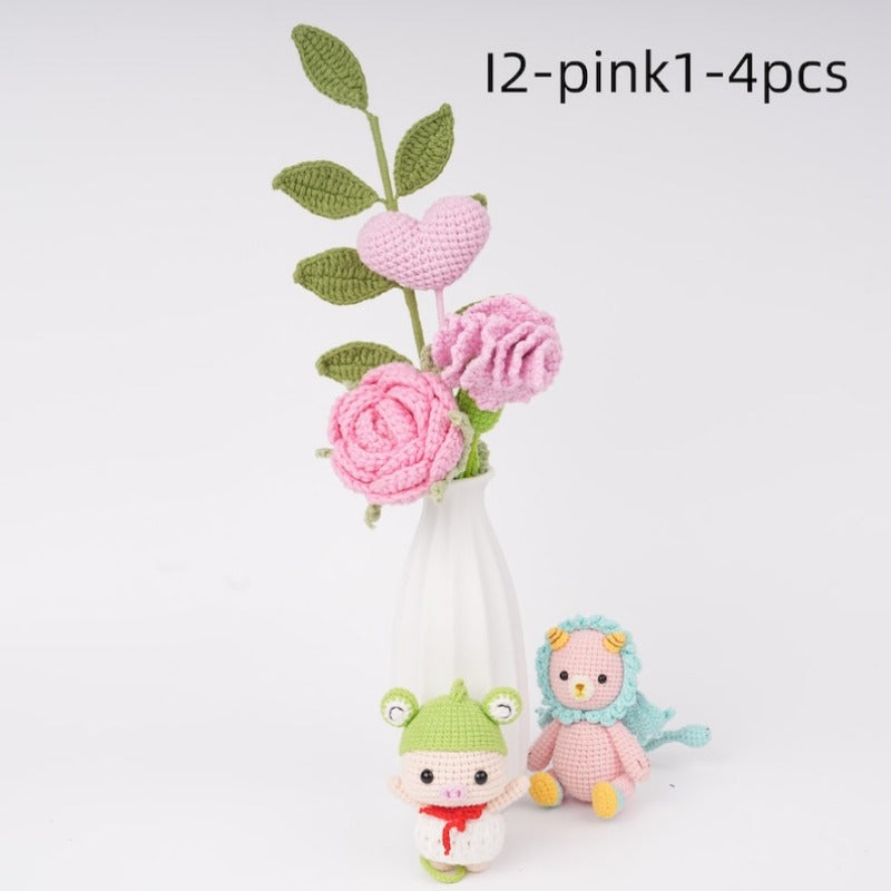4PCS Handmade Crochet Flower Bouquet,Lily,Rose,Carnation,lily of the valley,Knitted Heart
