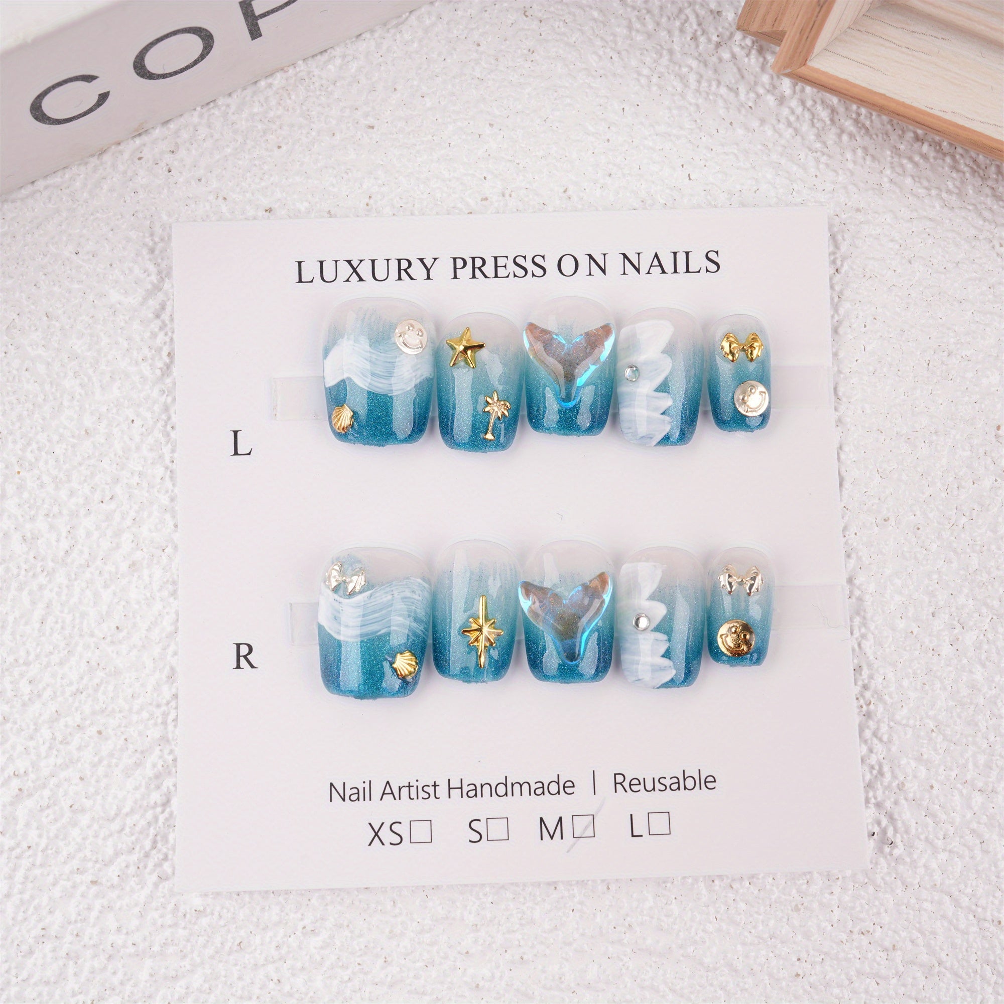 Summer Ocean Style Blue Short Coffin Press on Nails, Mermaid Pearl Stars Reusable Coffin Manicure, Birthday Party Gift