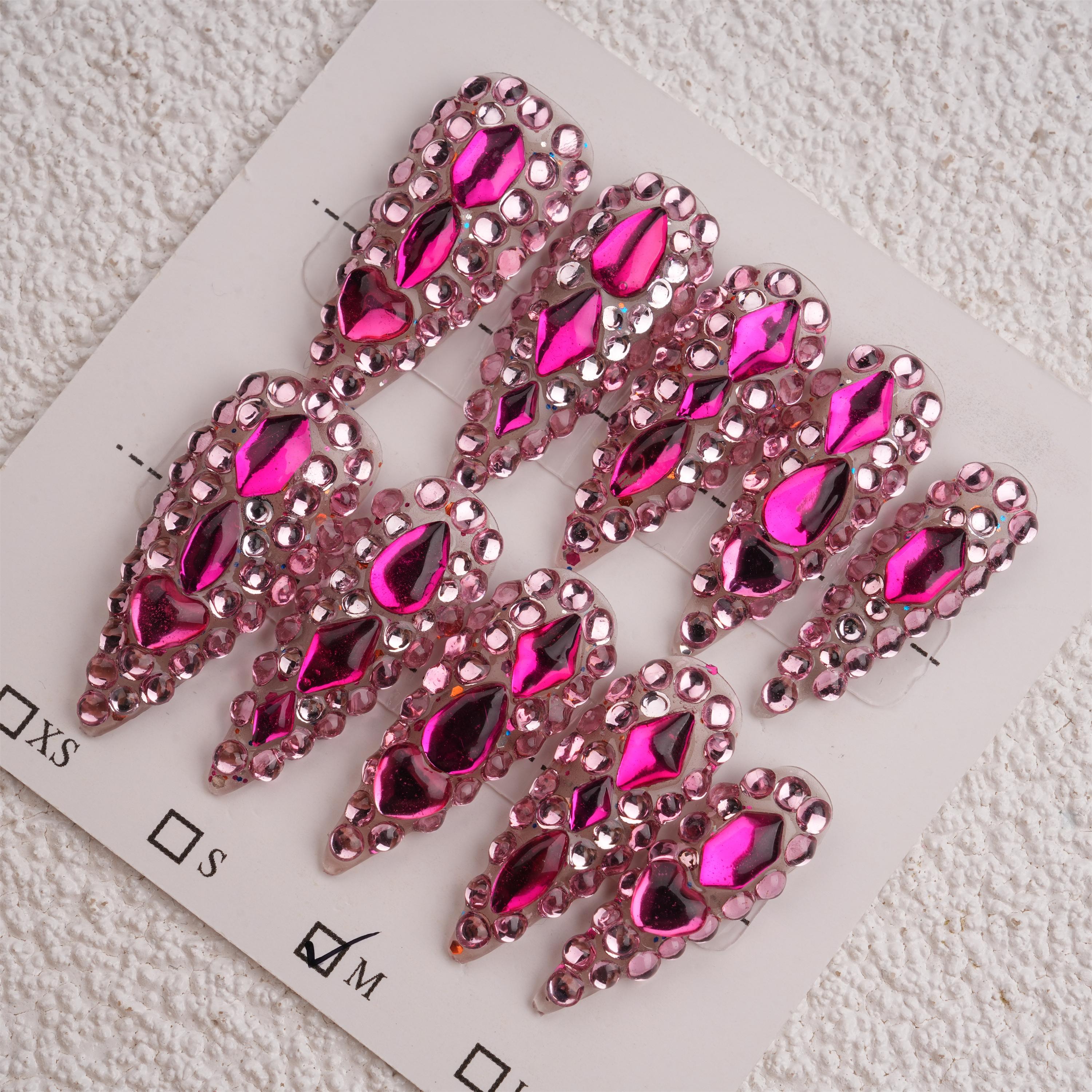 Luxurious Handmade Fully-rhinestoned Stick-on Pink Long Stiletto Press On Nails, Reusable Premium Manicure,Birthday Gifts