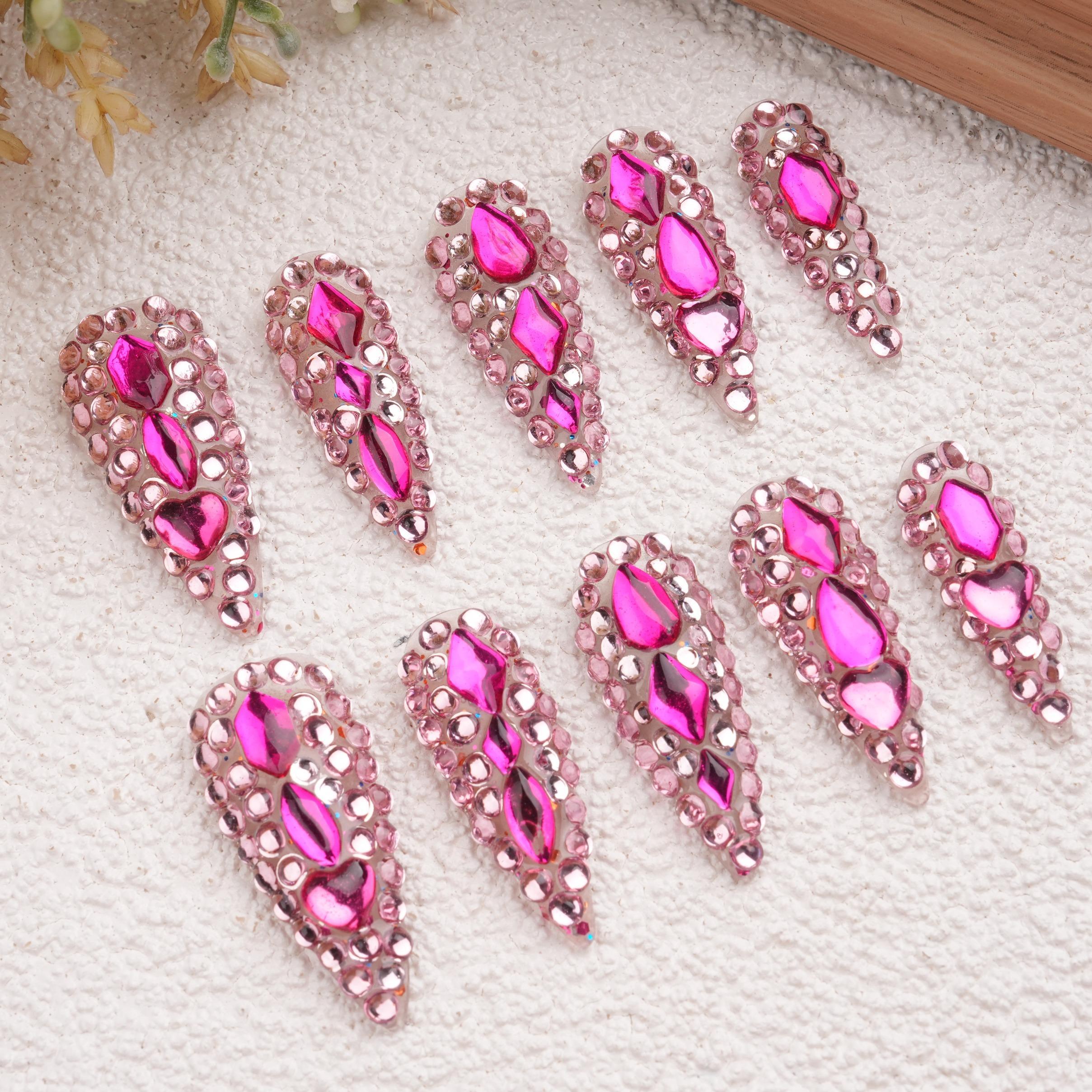 Luxurious Handmade Fully-rhinestoned Stick-on Pink Long Stiletto Press On Nails, Reusable Premium Manicure,Birthday Gifts