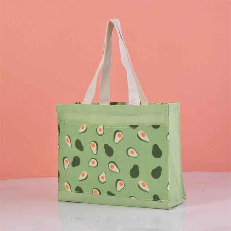 Size M Lemon/Avocado/Orange Linen Canvas Tote, Fruit Lunch Totes, Back to School