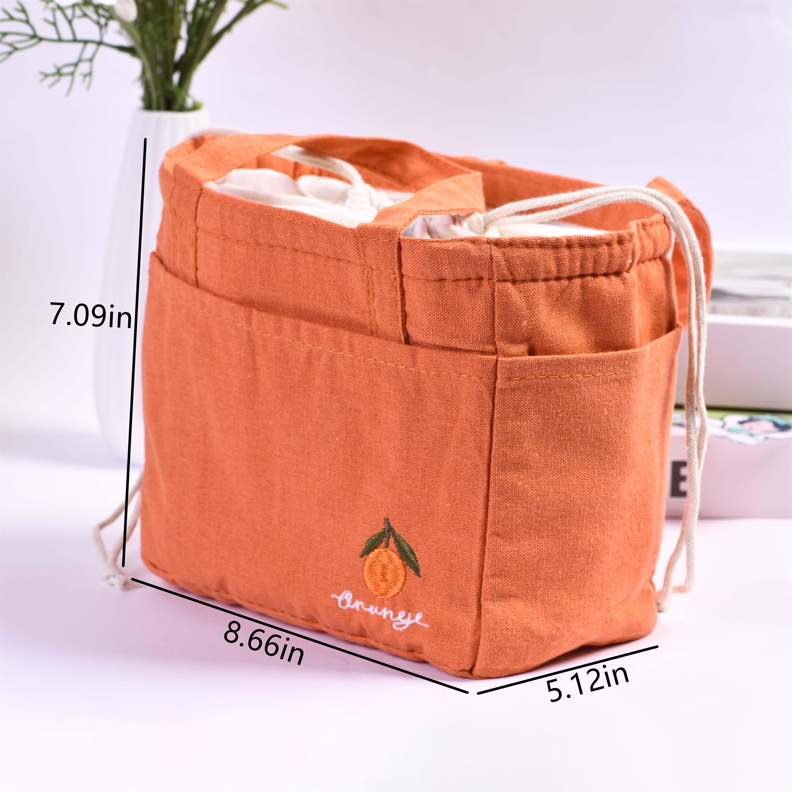 Orange/Avocado/Lemon/Peach Multi pocket Square Cotton Linen Insulated Lunch Bag, Premium Quality Drawstring Bag, Back to School