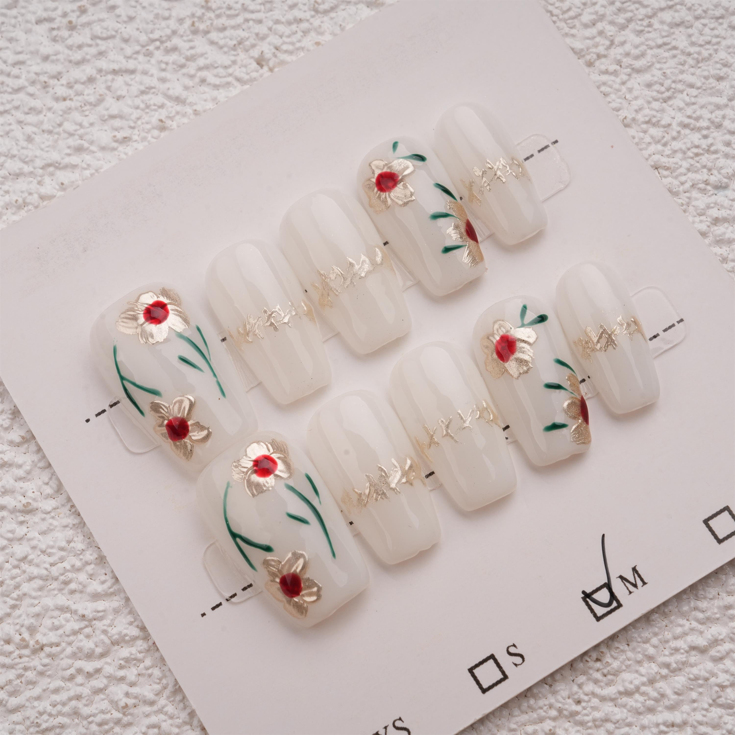 Handmade White Golden Floral Press On Nails,Short Coffin,Cute Fancy Manicure,Birthday,Mother's Day Gifts