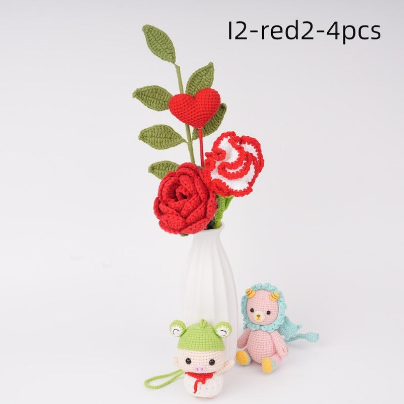 4PCS Handmade Crochet Flower Bouquet,Lily,Rose,Carnation,lily of the valley,Knitted Heart
