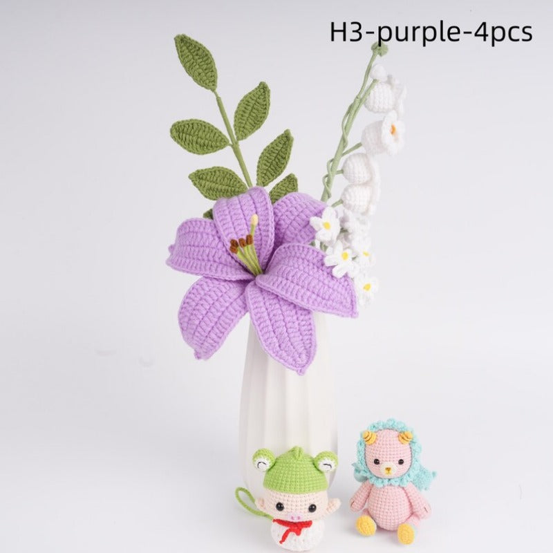 4PCS Handmade Crochet Flower Bouquet,Lily,Rose,Carnation,lily of the valley,Knitted Heart
