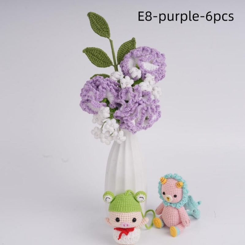 4/6PCS Handmade Crochet Tulip Rose Hydrangea Bouquet,Home Desk Decor