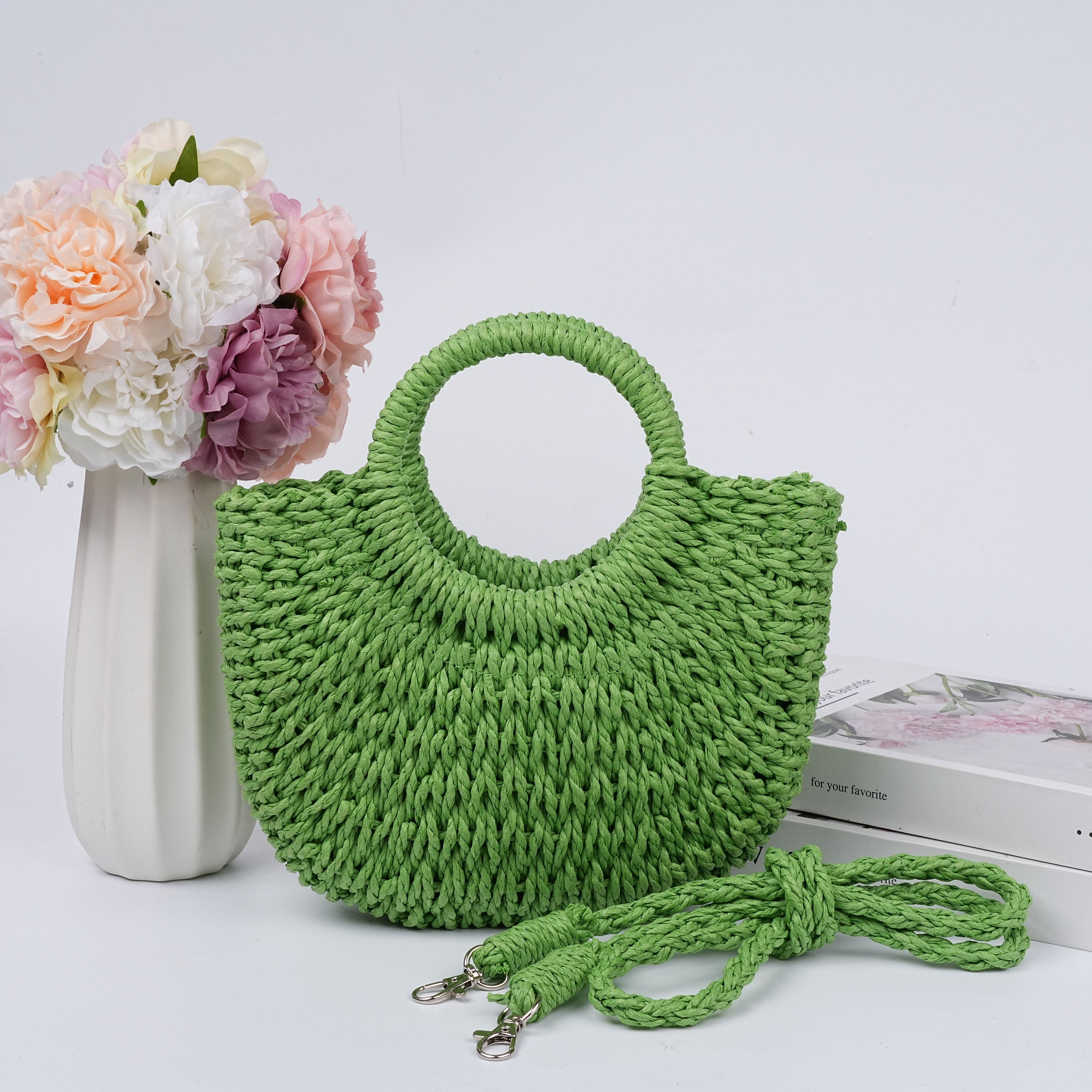 Solid Color Straw Woven Drawstring Bag,Summer Beach Bag,Wedding Guest Gift