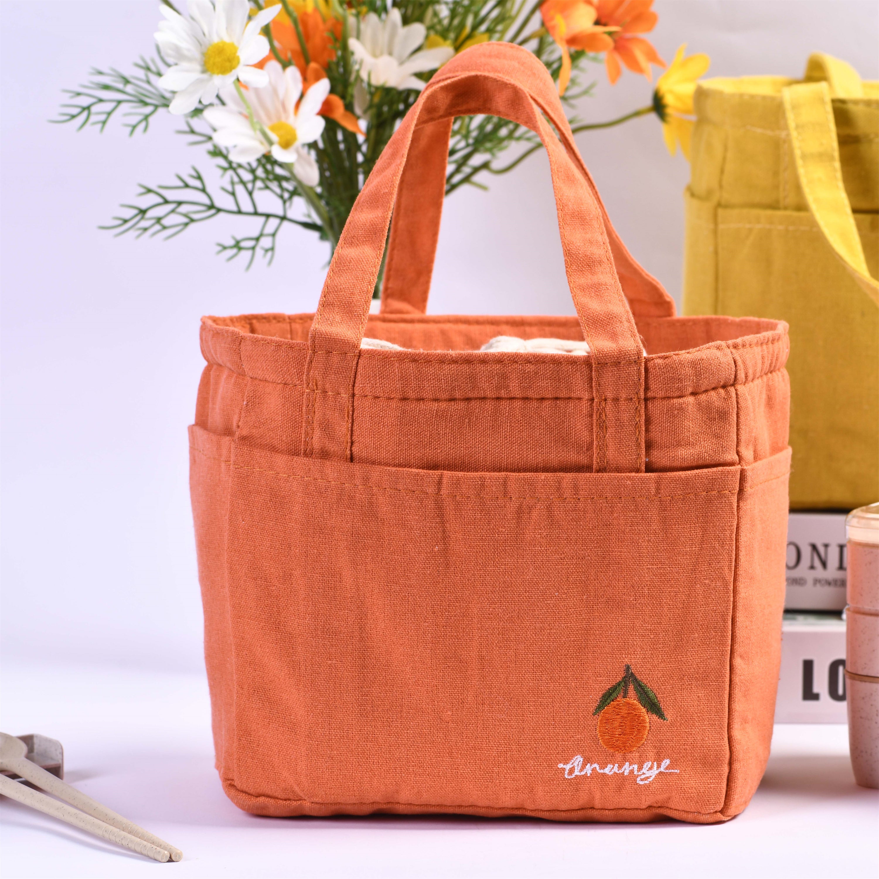 Orange/Avocado/Lemon/Peach Multi pocket Square Cotton Linen Insulated Lunch Bag, Premium Quality Drawstring Bag, Back to School