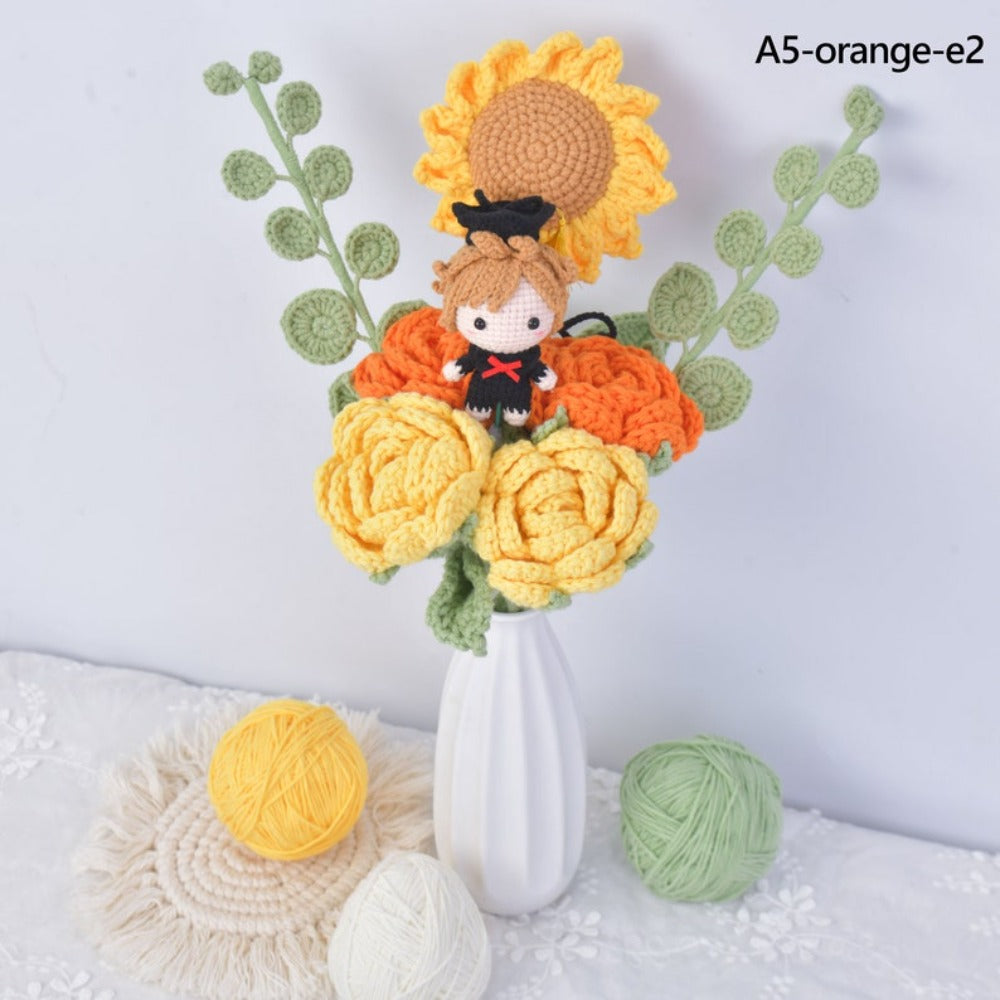 Crochet Sunflower Graduation Bouquet,Handmade Knit Roses Flower
