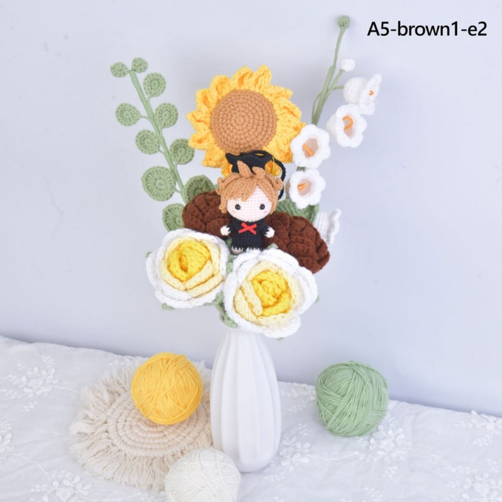 Crochet Sunflower Graduation Bouquet,Handmade Knit Roses Flower