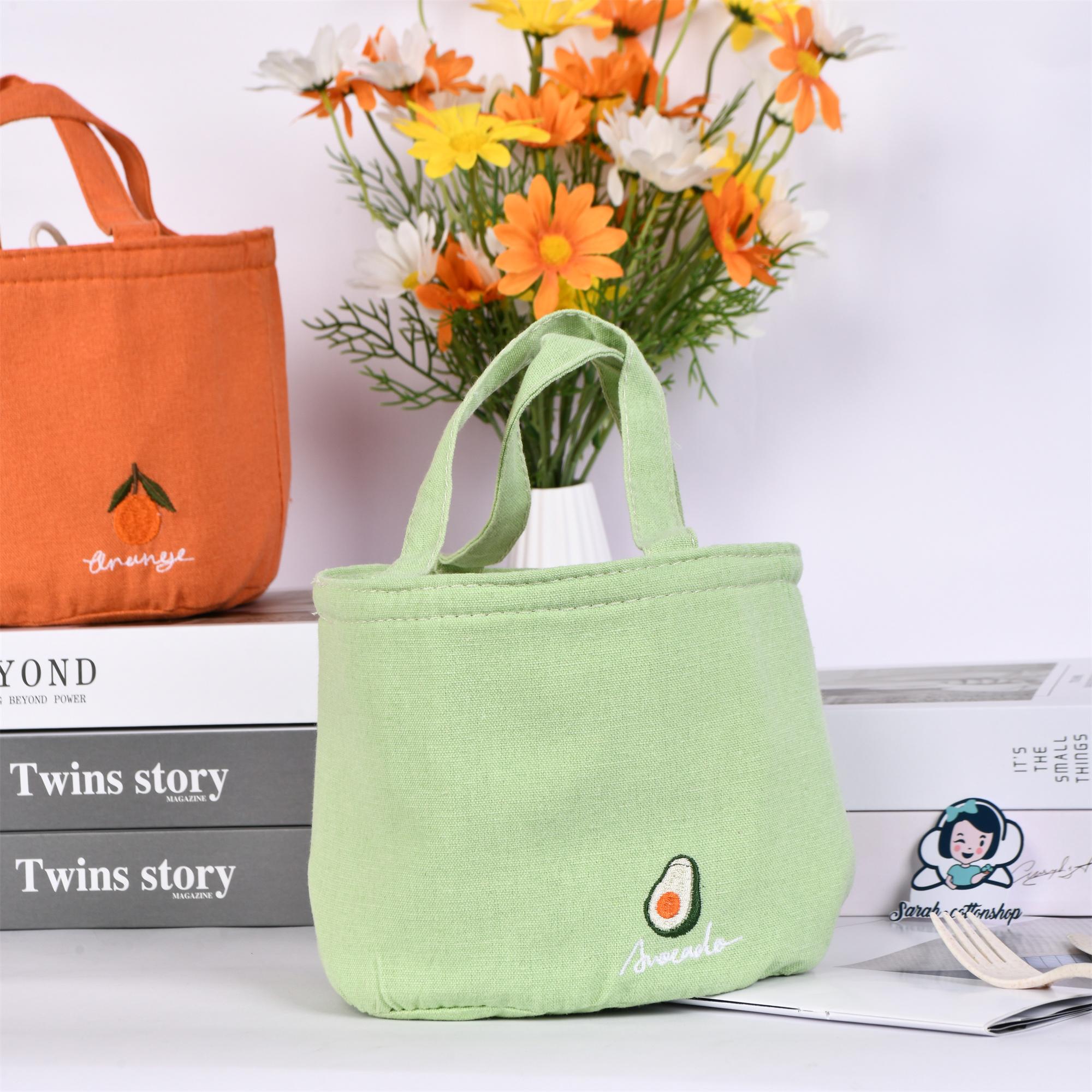 Orange/Avocado/Lemon/Peach Round Cotton Linen Insulated Lunch Bag, Premium Quality Drawstring Bag, Back to School
