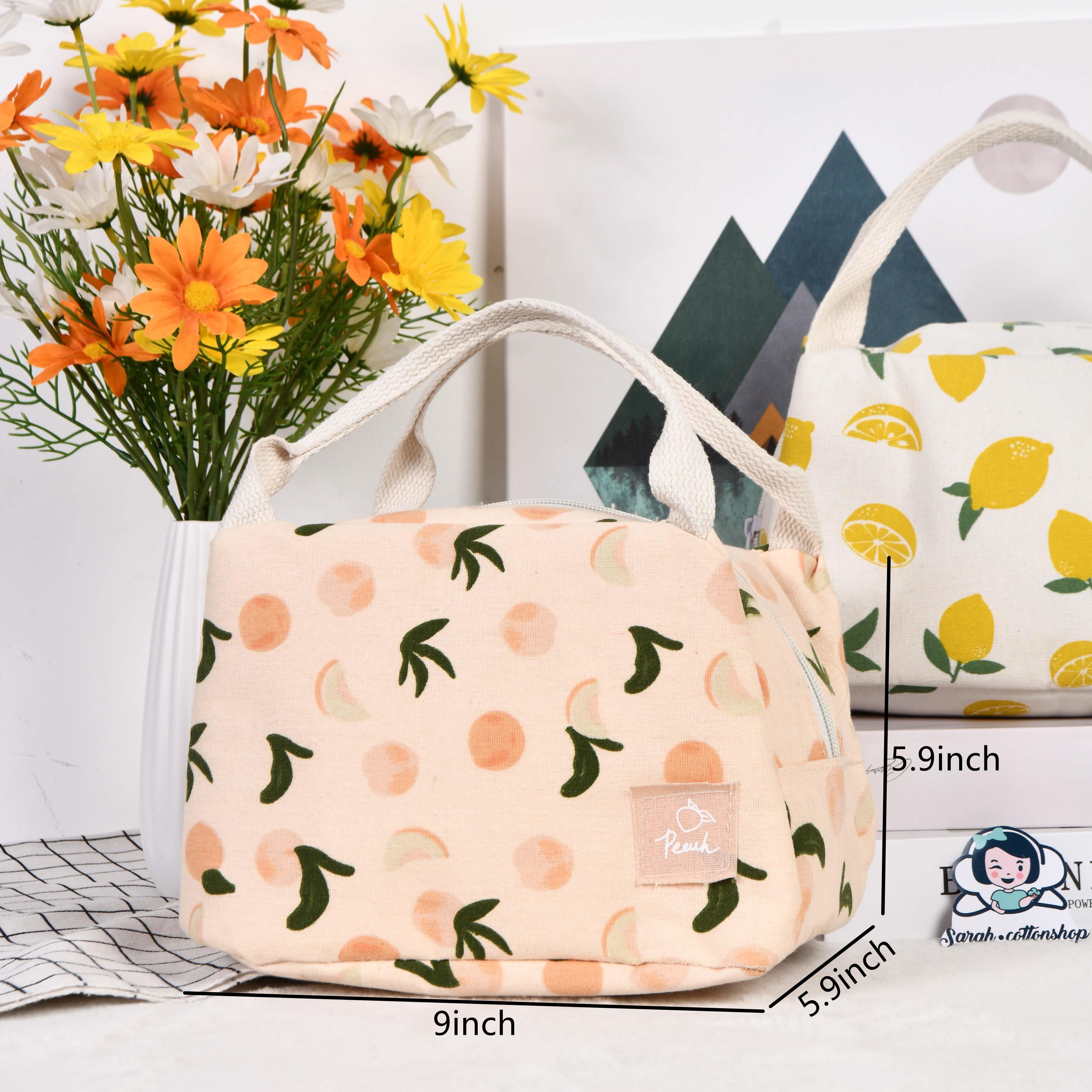 Size M Orange/Avocado/Lemon/Peach Cotton Linen Insulated Lunch Bag, Premium Quality Zipper Bag, Back to School