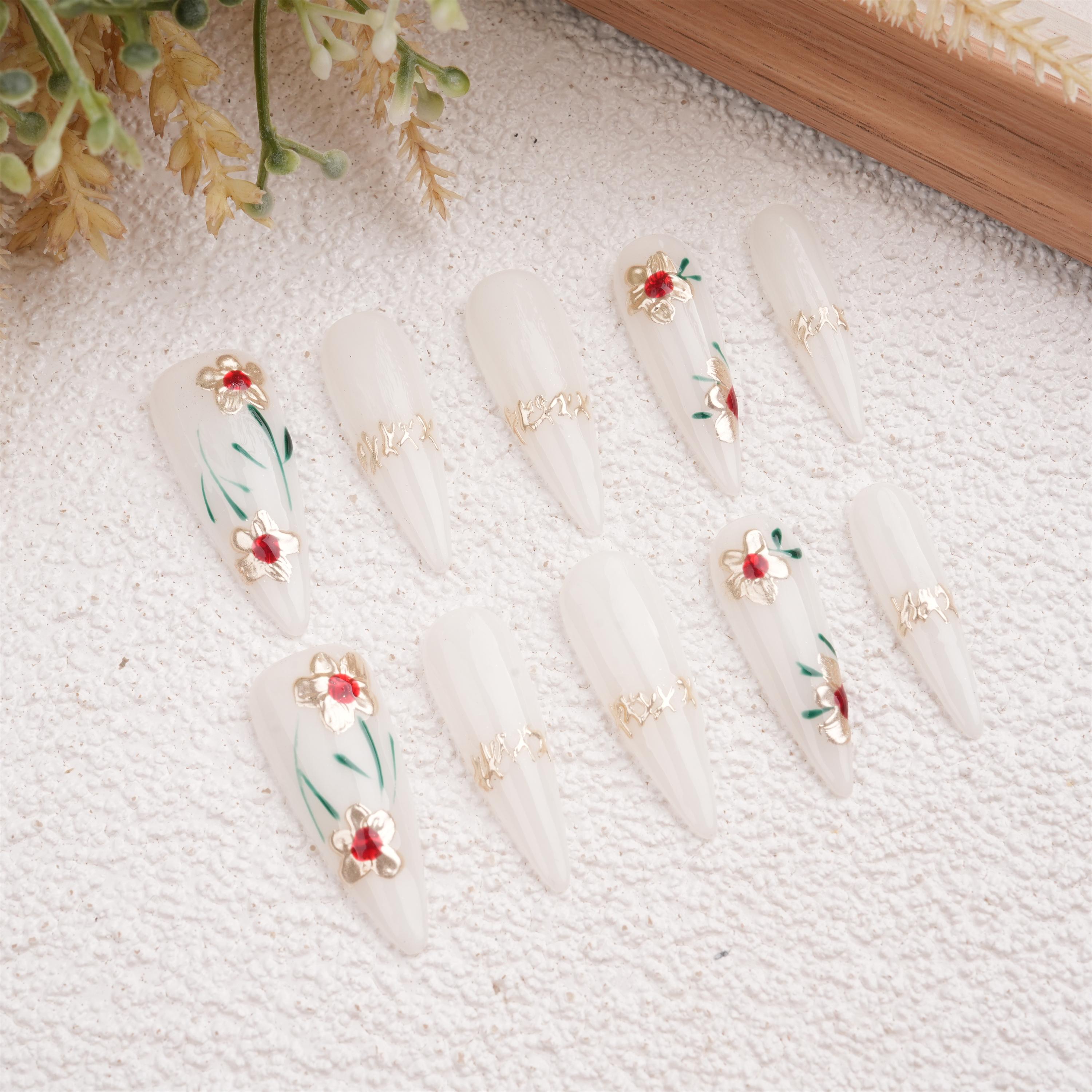 Hand Painted Golden Flowers Press On Nails,Elegant Floral Design For Wedding,Party,Prom