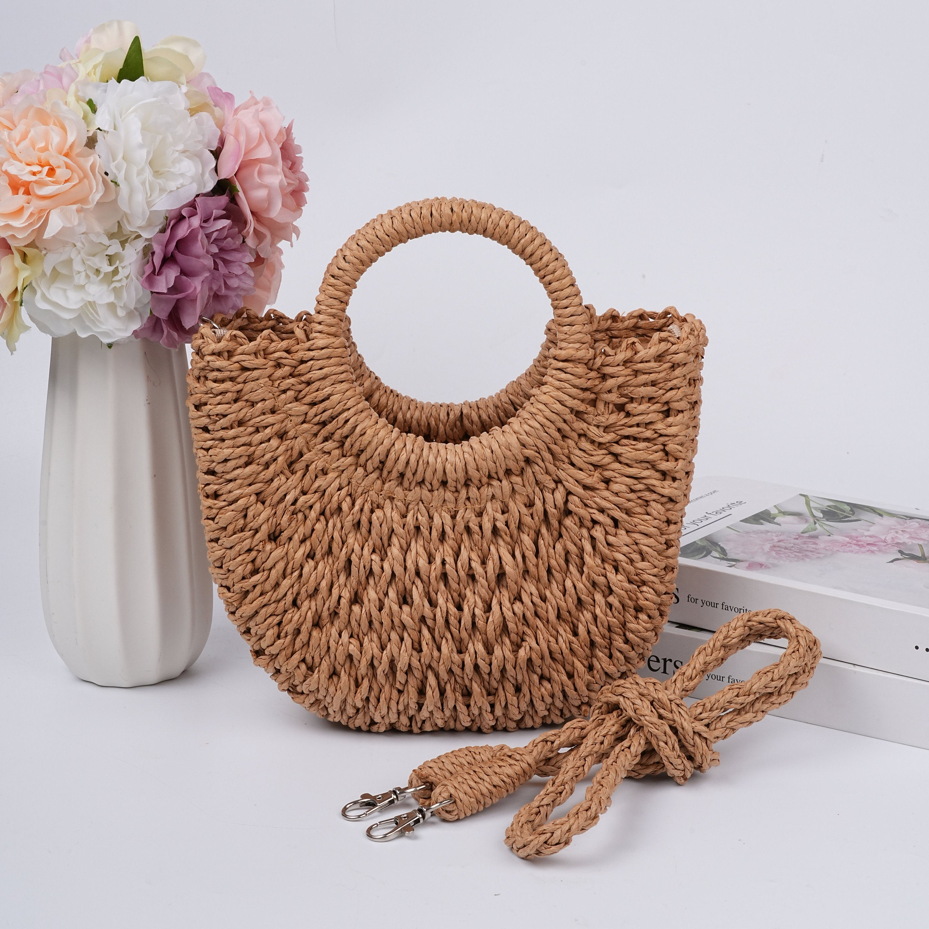 Solid Color Straw Woven Drawstring Bag,Summer Beach Bag,Wedding Guest Gift