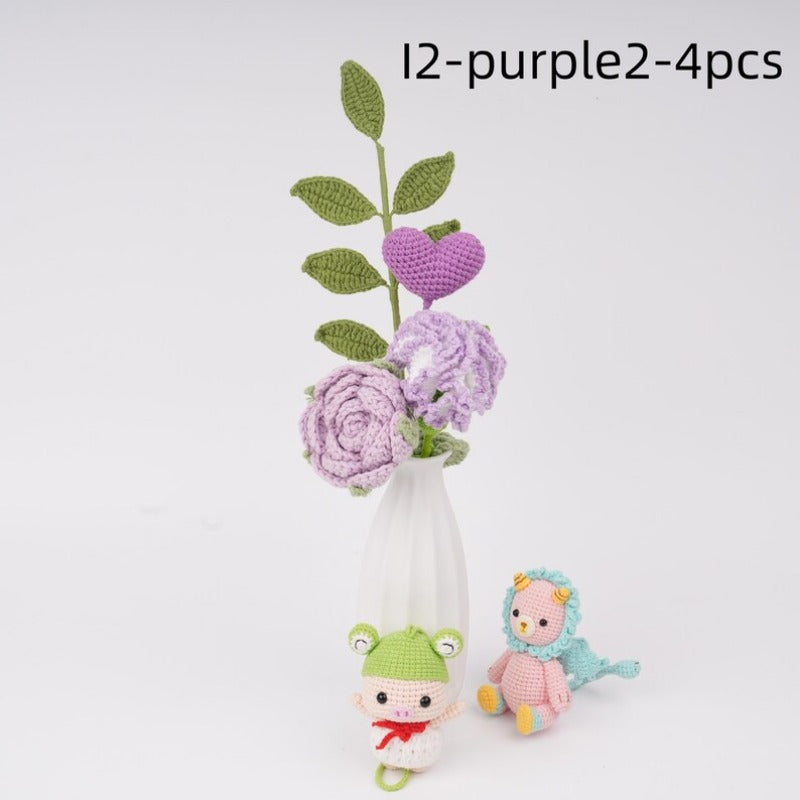 4PCS Handmade Crochet Flower Bouquet,Lily,Rose,Carnation,lily of the valley,Knitted Heart