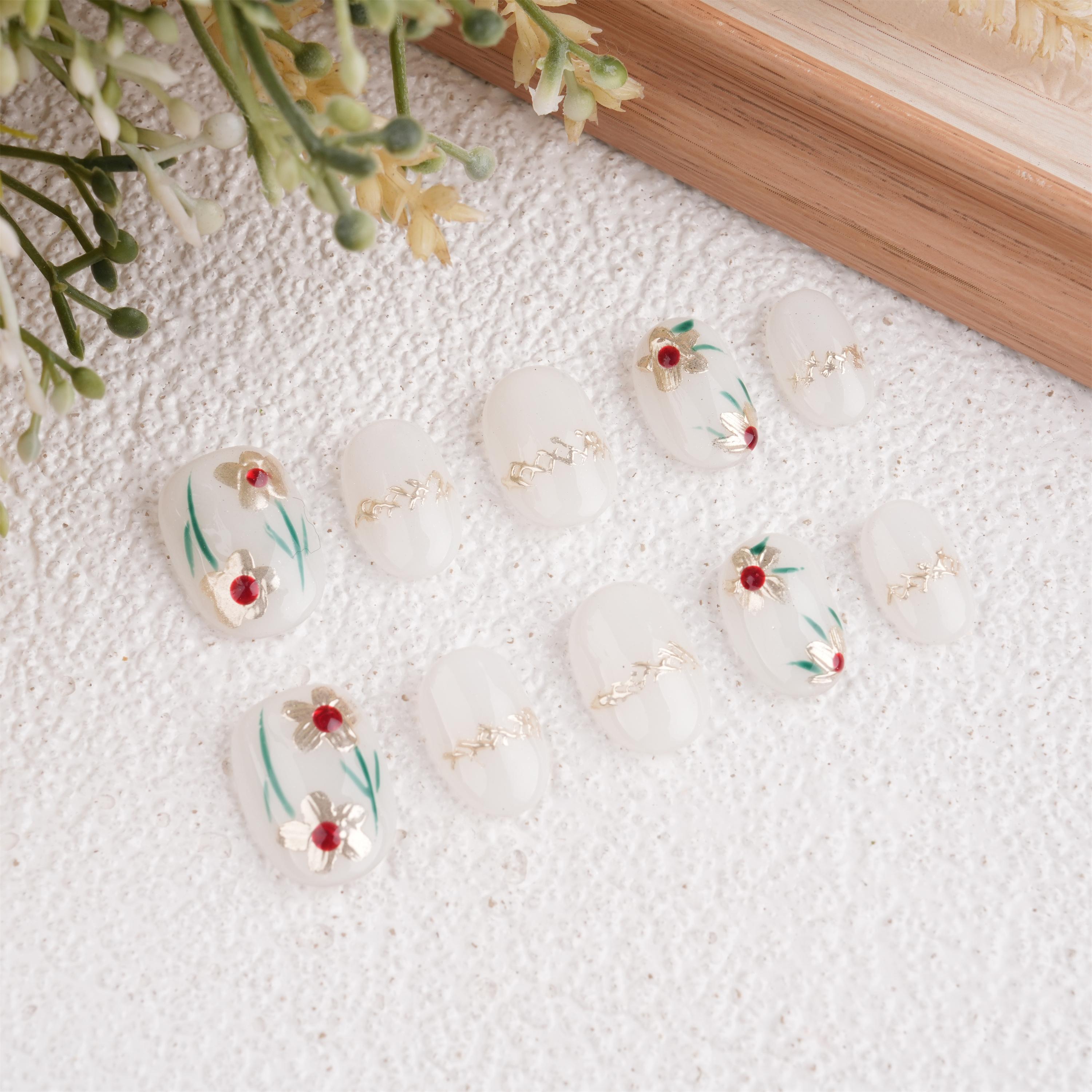 Hand Painted Golden Flowers Press On Nails,Elegant Floral Design For Wedding,Party,Prom