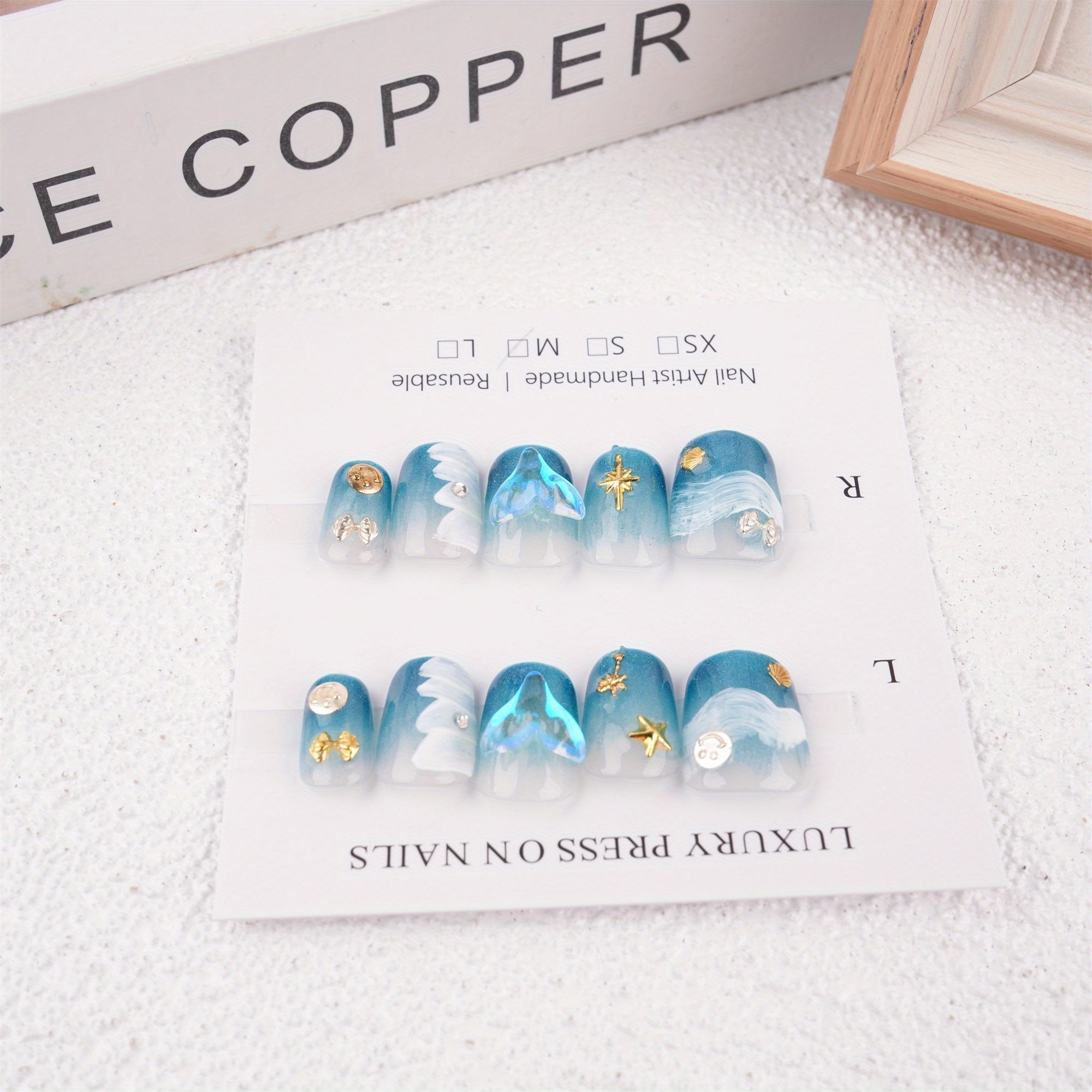 Summer Ocean Style Blue Short Coffin Press on Nails, Mermaid Pearl Stars Reusable Coffin Manicure, Birthday Party Gift