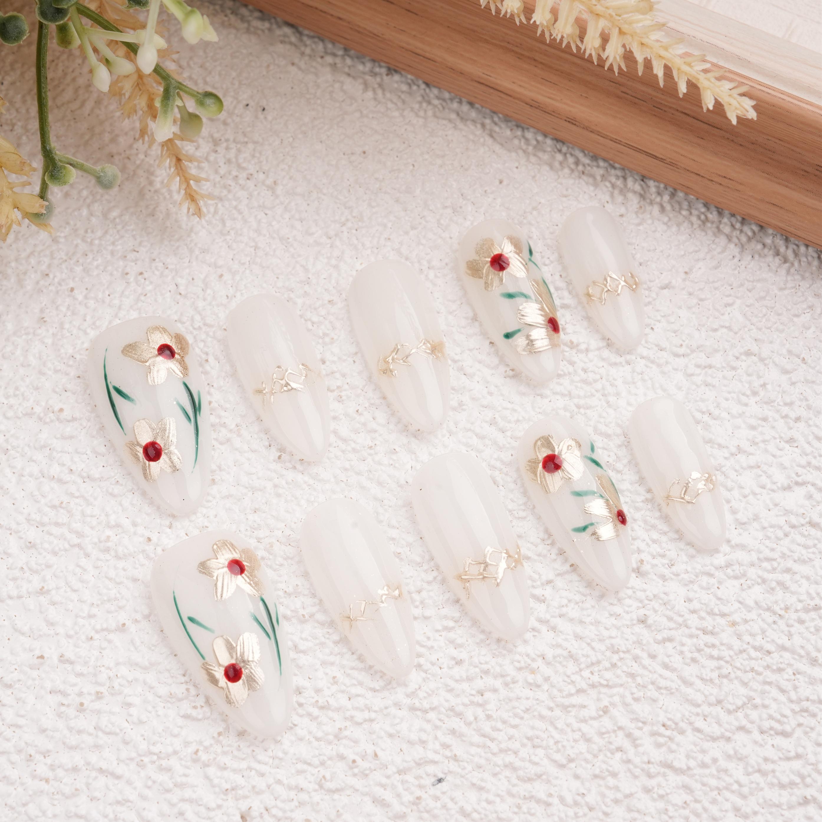 Gold Flowers Almond Fake Nails,10pcs Hand Painted, Jewelry Manicure with Fancy Design,Birthday/Mother's Day Gifts