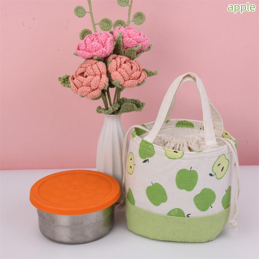 Orange/Strawberry/Apple/Pear Round Cotton Linen Insulated Lunch Bag, Premium Quality Drawstring Bag, Back to School