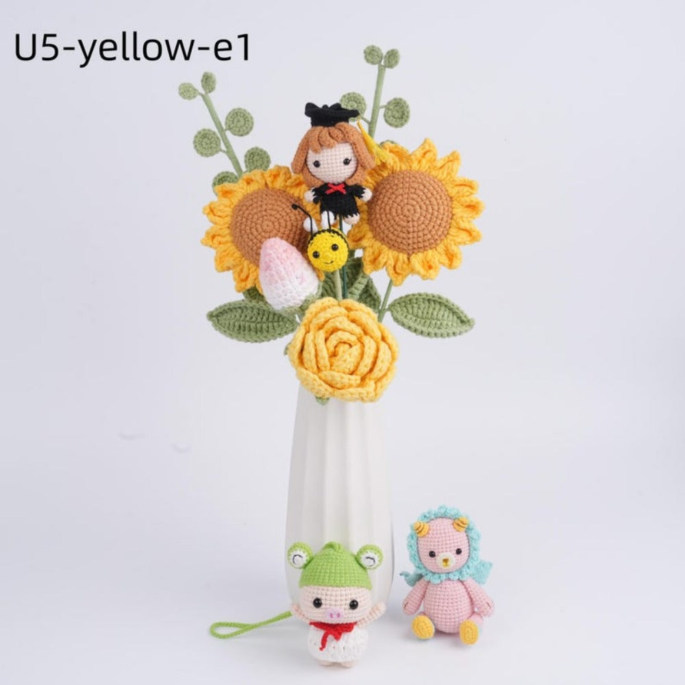 Handmade Crochet Sunflower Bouquet w/Graduation Doll,Cute Knitted Strawberry,Rose Daisy Bouquet,Best Graduation Gift For Friends,Besites