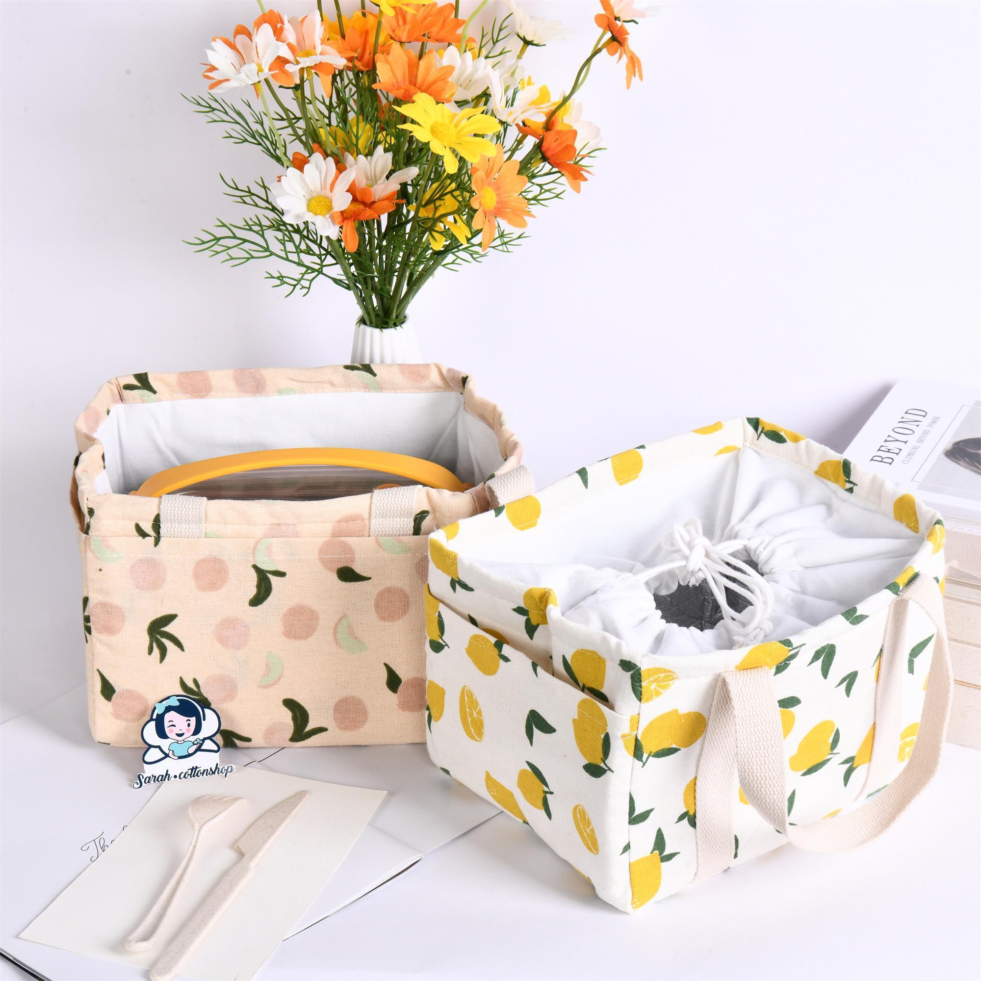 Handmade XL Orange/Avocado/Lemon/Peach Cotton Linen Insulated Lunch Bag,Drawstring Tote, Back to School