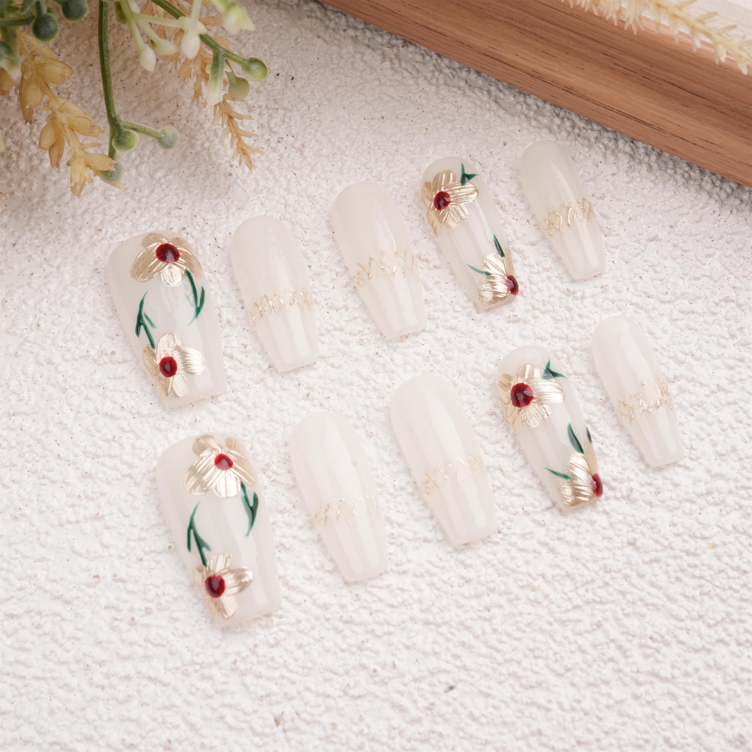 Hand Painted Golden Flowers Press On Nails,Elegant Floral Design For Wedding,Party,Prom
