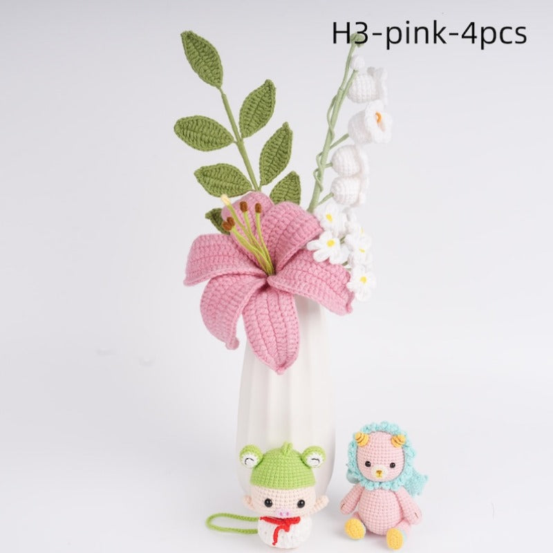 4PCS Handmade Crochet Flower Bouquet,Lily,Rose,Carnation,lily of the valley,Knitted Heart