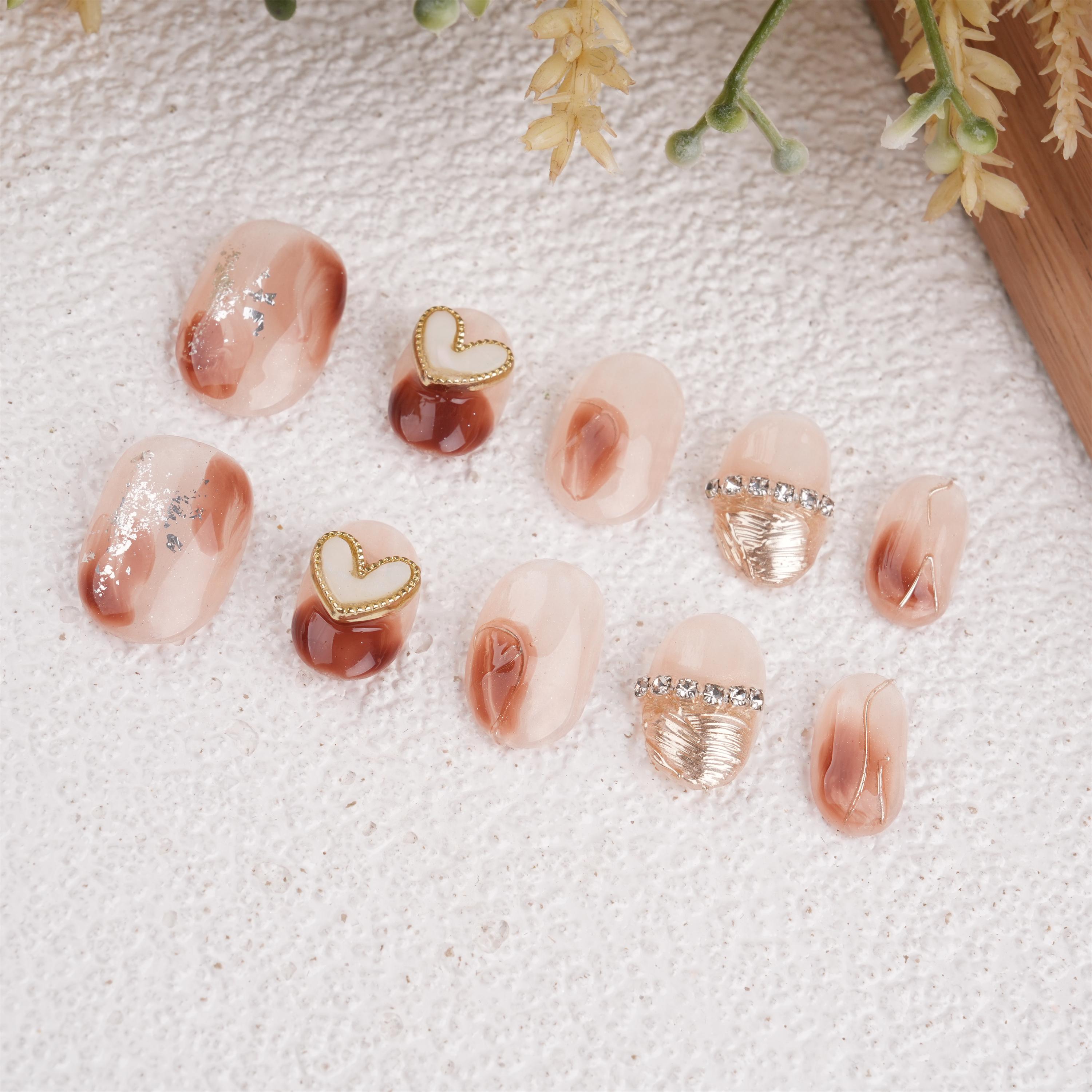 Cute Blooming Amber Heart Charms Press On Nails,Short Square,Glossy Manicure,Bithday/Graduation/Mother's Day gift