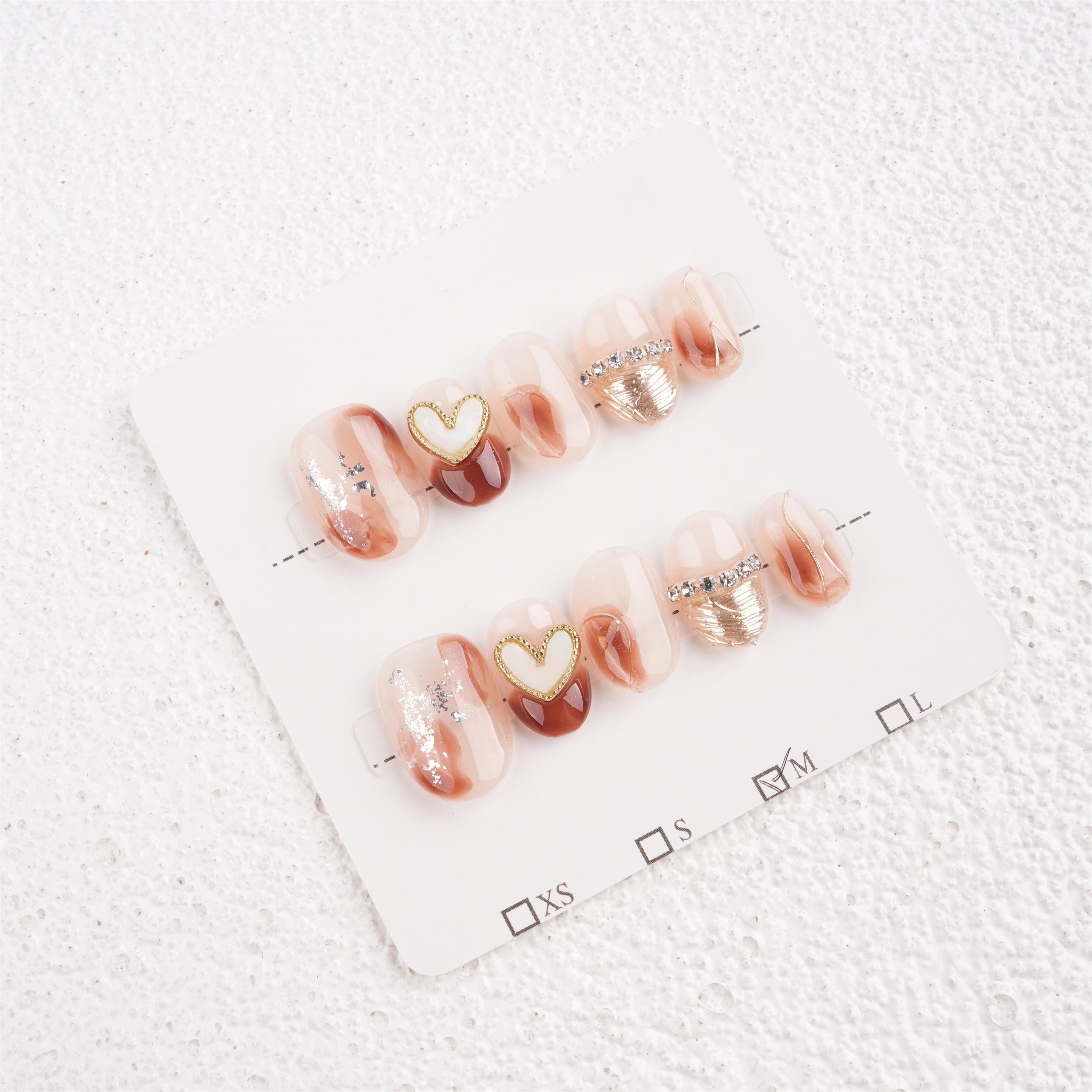 Cute Blooming Amber Heart Charms Press On Nails,Short Square,Glossy Manicure,Bithday/Graduation/Mother's Day gift