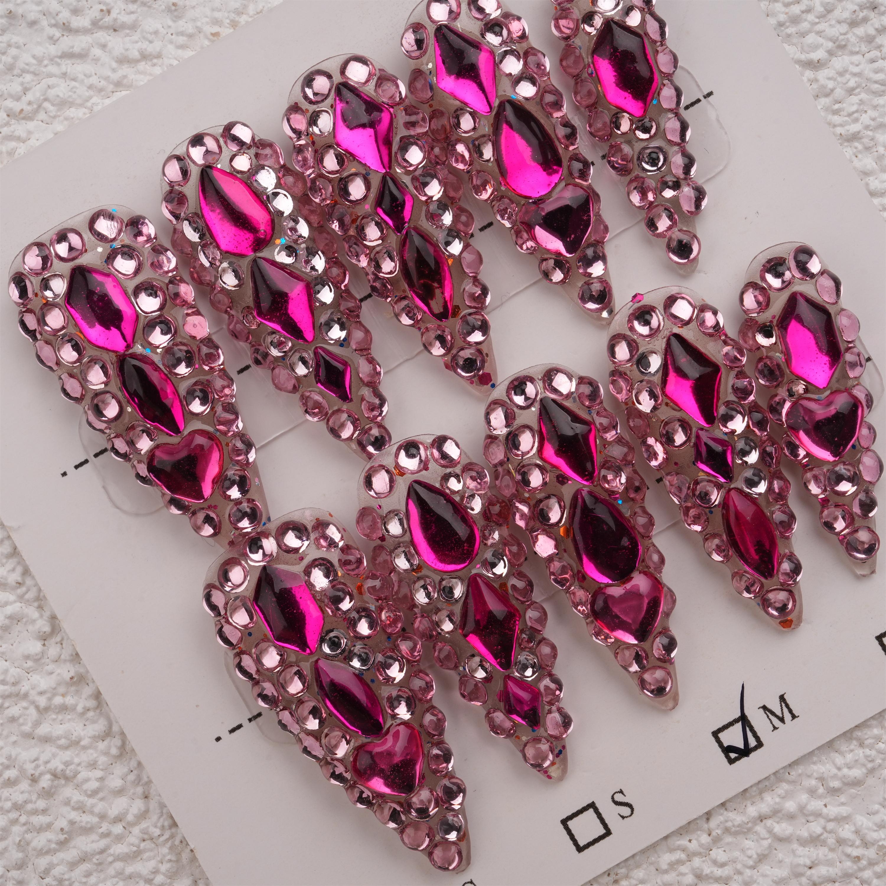 Luxurious Handmade Fully-rhinestoned Stick-on Pink Long Stiletto Press On Nails, Reusable Premium Manicure,Birthday Gifts