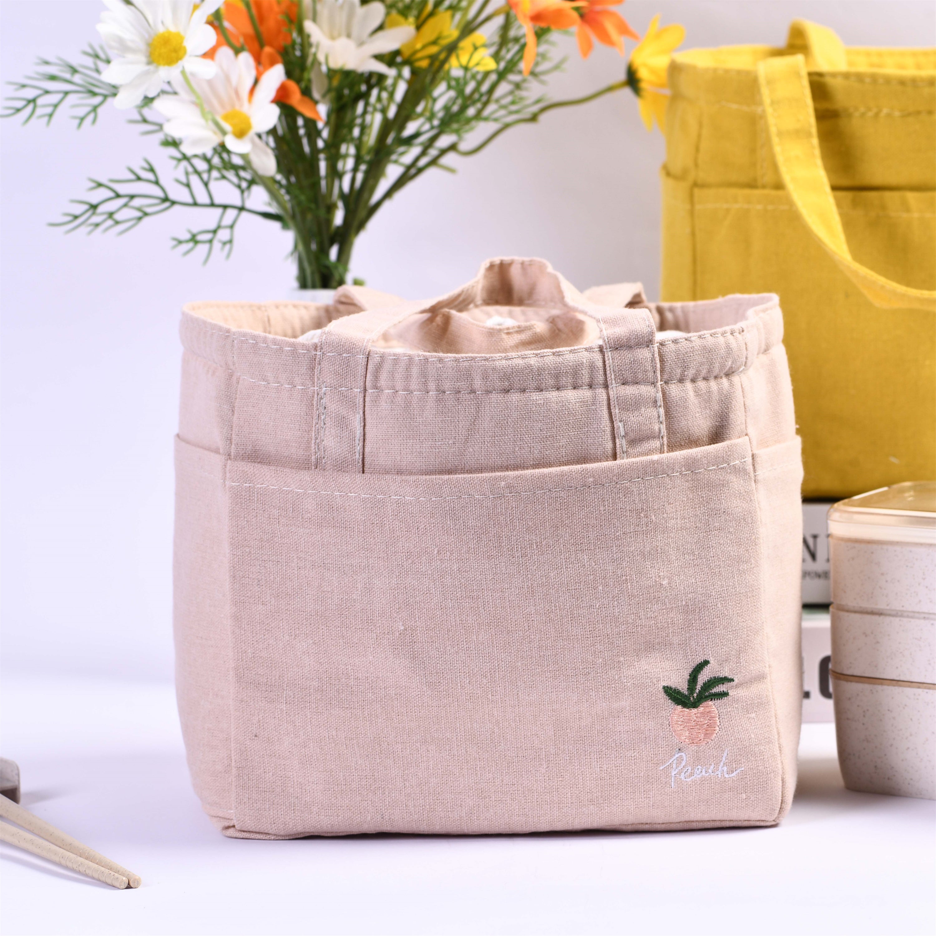 Orange/Avocado/Lemon/Peach Multi pocket Square Cotton Linen Insulated Lunch Bag, Premium Quality Drawstring Bag, Back to School