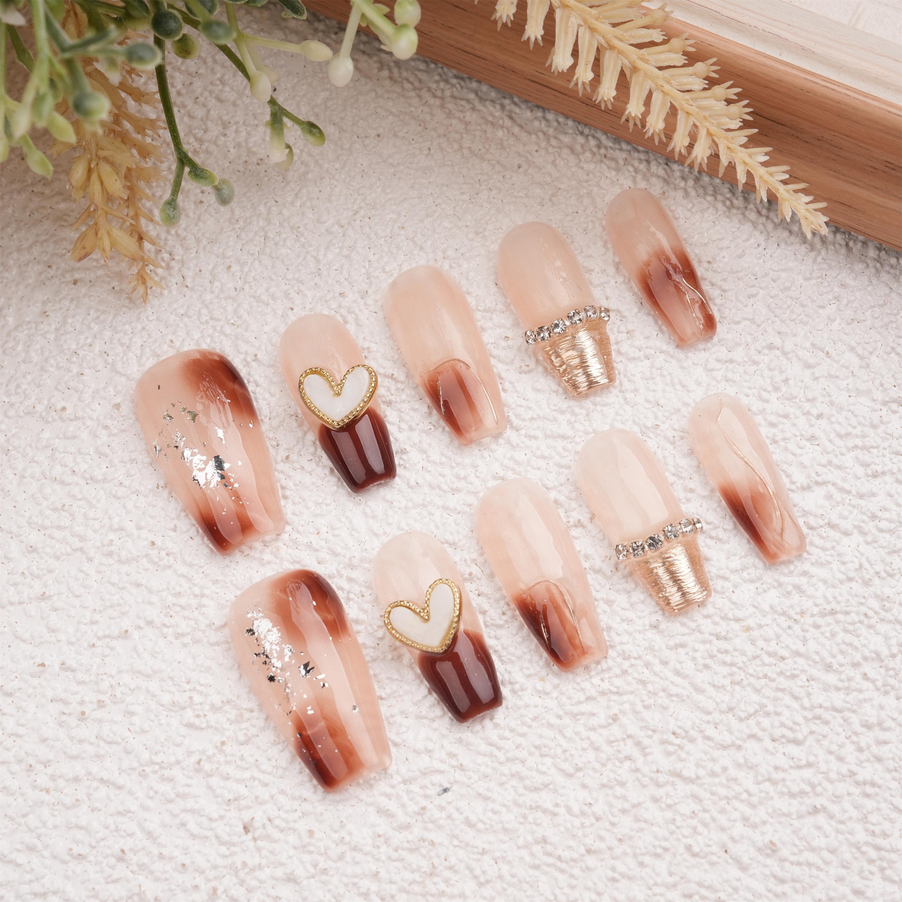 Elegant Handmade Blooming Amber Heart Press On Nails,Reusable Gel Manicure,Birthday/Mother's Day Gifts