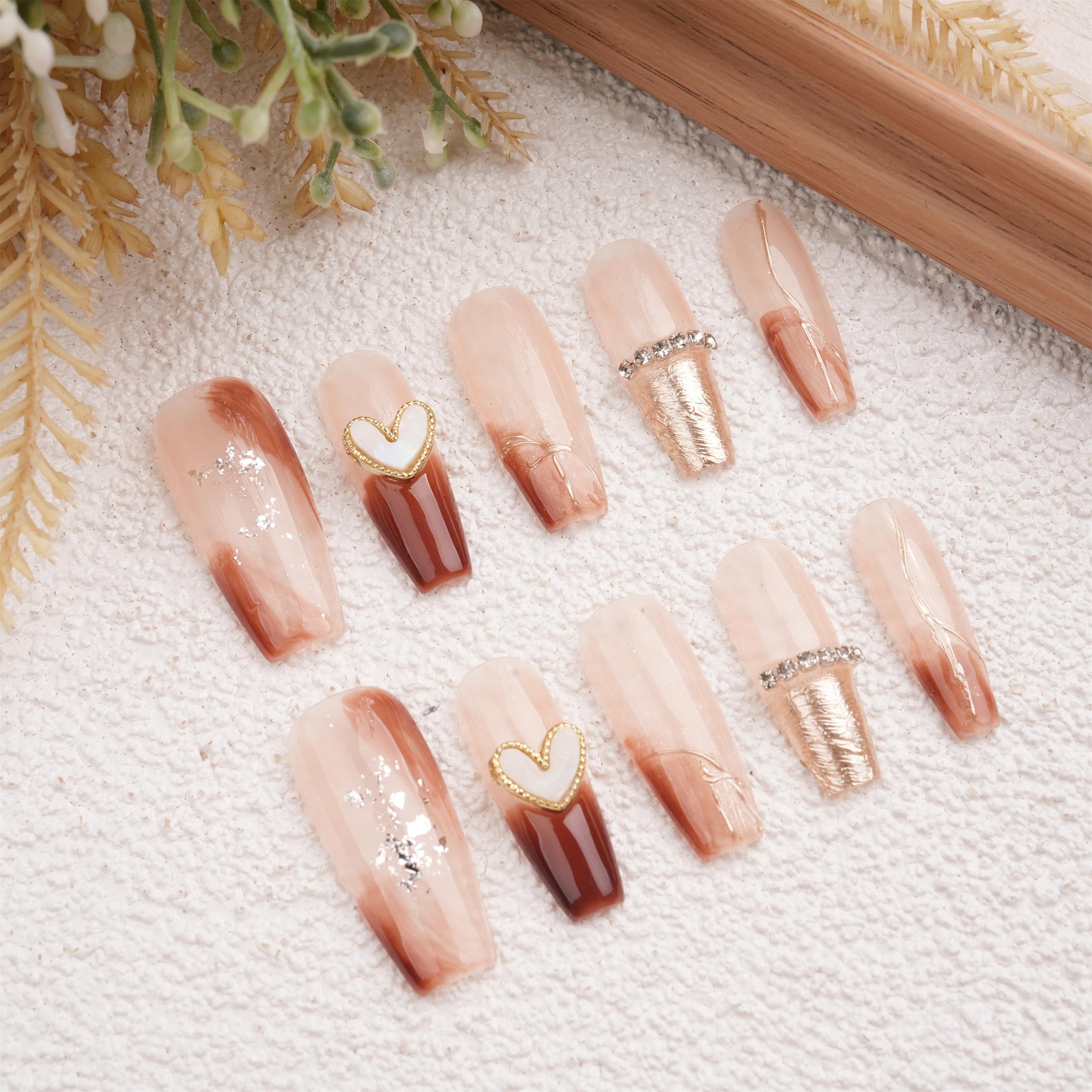 Elegant Handmade Blooming Amber Heart Press On Nails,Reusable Gel Manicure,Birthday/Mother's Day Gifts