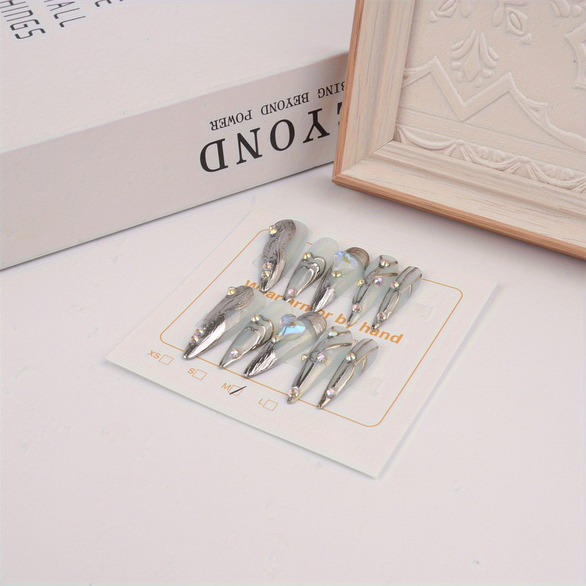 Silver Love Fake Diamond Long Stiletto Press on Nails, Party Birthday Luxury Nails, Line Blue Nails, Party Gift