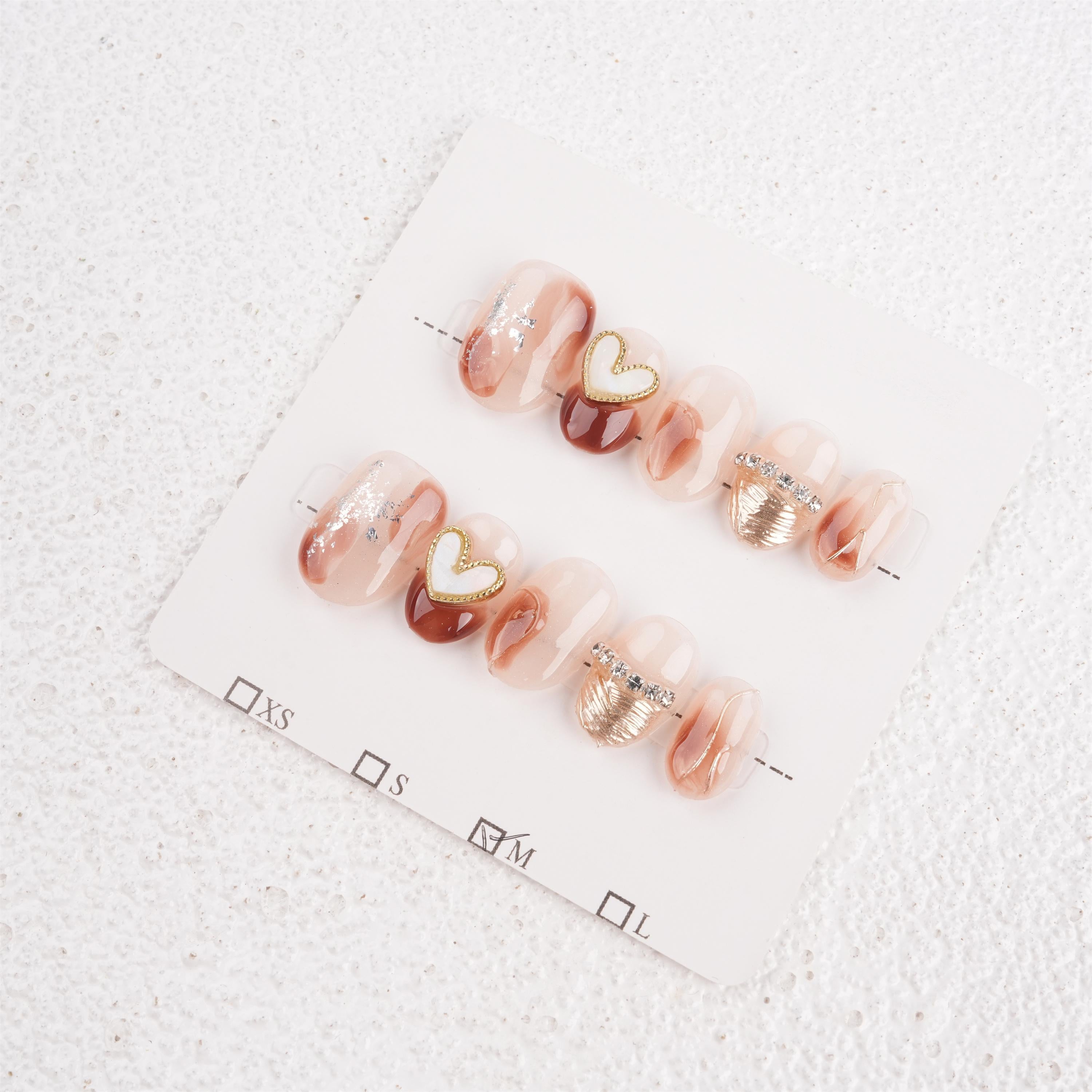 Cute Blooming Amber Heart Charms Press On Nails,Short Square,Glossy Manicure,Bithday/Graduation/Mother's Day gift