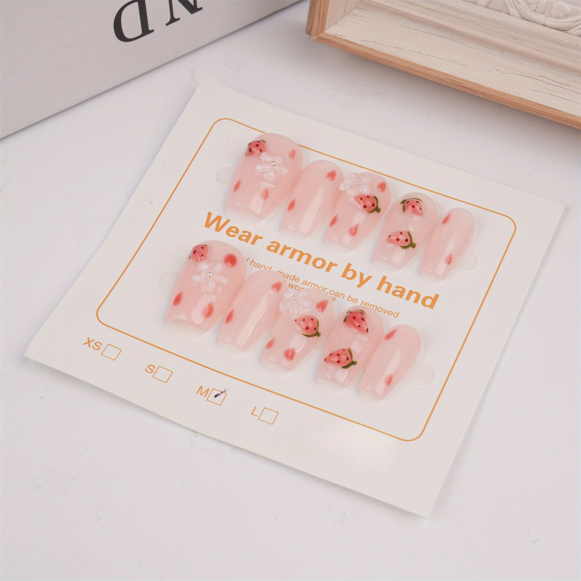 Handmade Strawberry Floral Nails, Strawberry Flowers Pink Press on Nails, Strawberry Short Coffin Nails, Birthday Gift for Her
