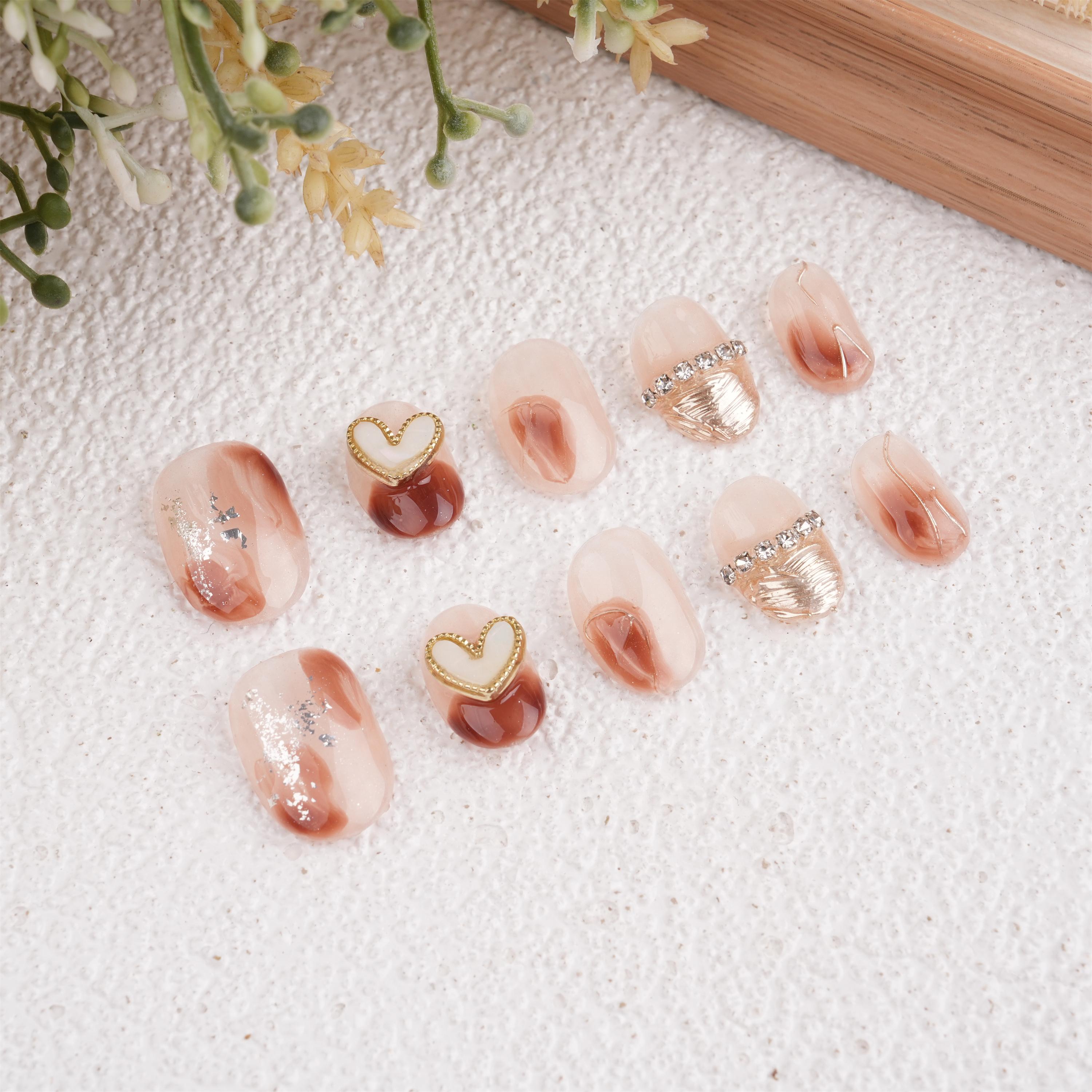 Elegant Handmade Blooming Amber Heart Press On Nails,Reusable Gel Manicure,Birthday/Mother's Day Gifts