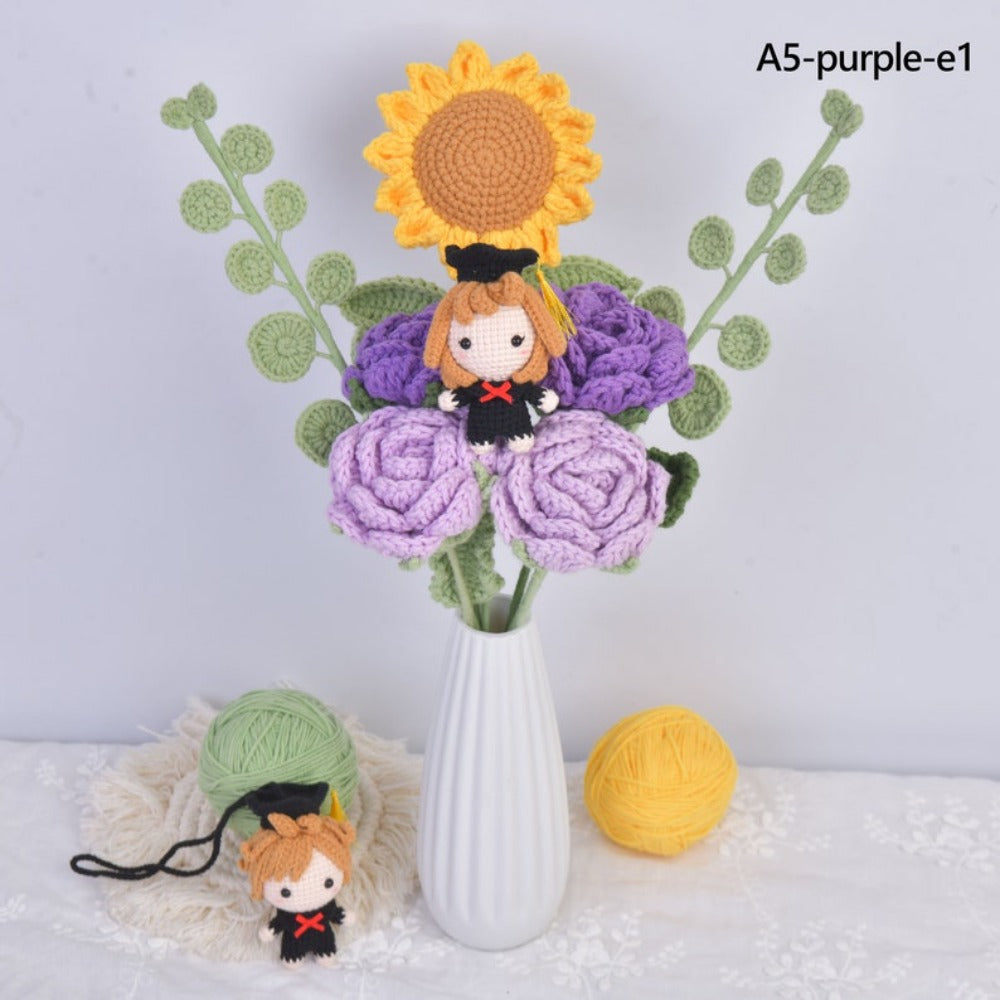 Crochet Sunflower Graduation Bouquet,Handmade Knit Roses Flower