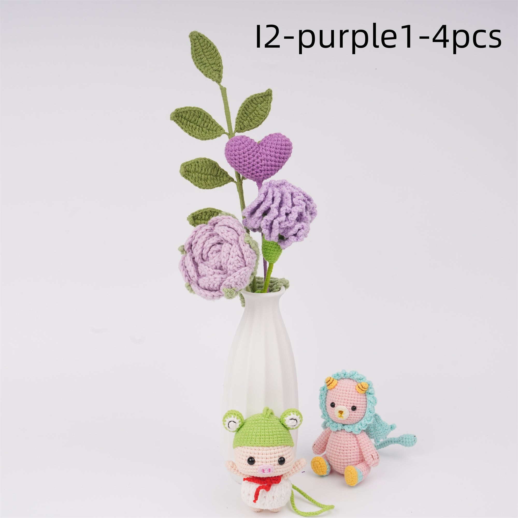 4PCS Handmade Crochet Flower Bouquet,Lily,Rose,Carnation,lily of the valley,Knitted Heart