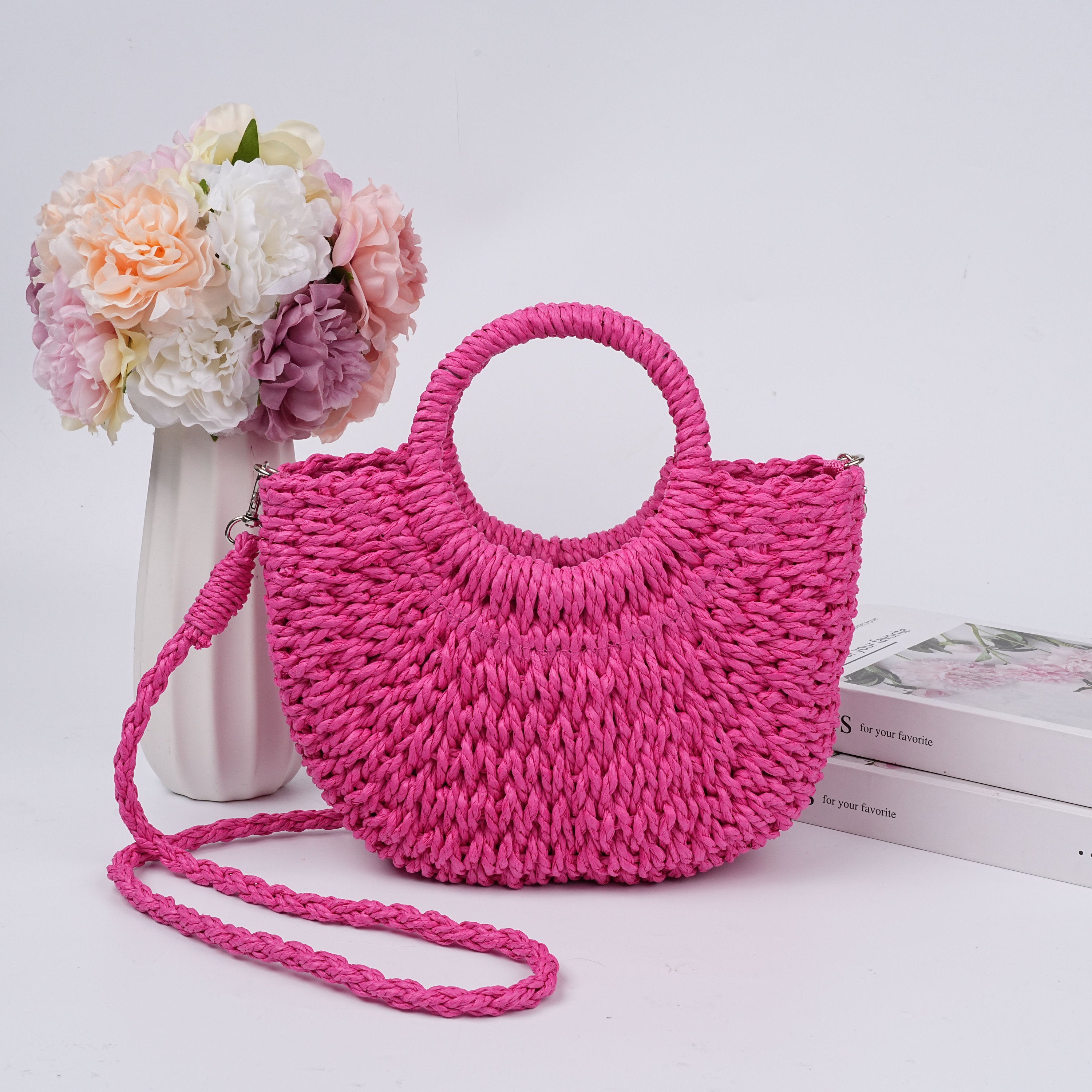 Solid Color Straw Woven Drawstring Bag,Summer Beach Bag,Wedding Guest Gift