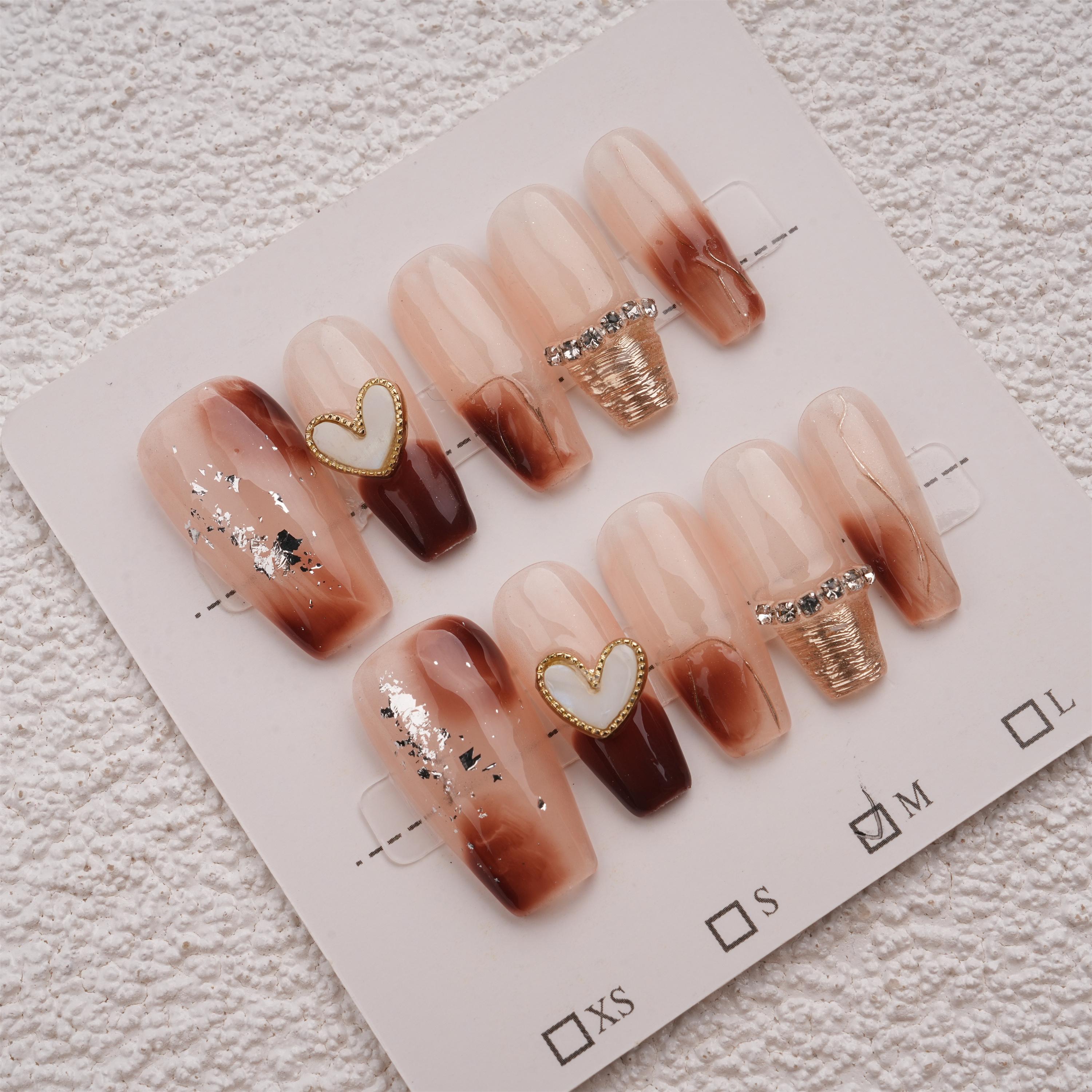 Handmade Heart Gold Foil Press on Nails,Medium Coffin