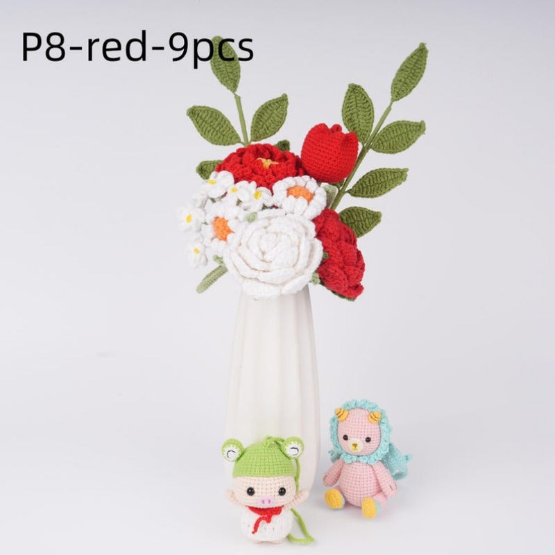 9PCS Crochet Flower Bouquet,Knit Daisy,Rose,Tulip,Forget me not