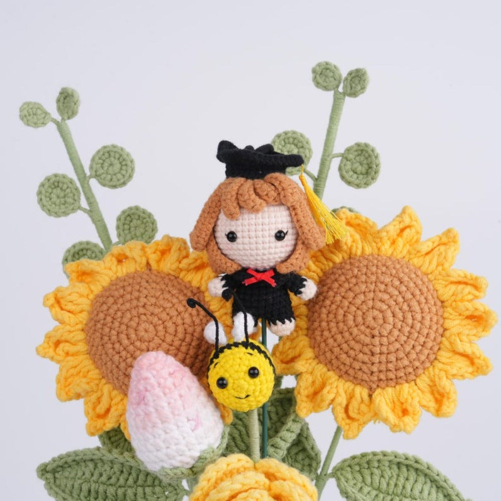 Handmade Crochet Sunflower Bouquet w/Graduation Doll,Cute Knitted Strawberry,Rose Daisy Bouquet,Best Graduation Gift For Friends,Besites